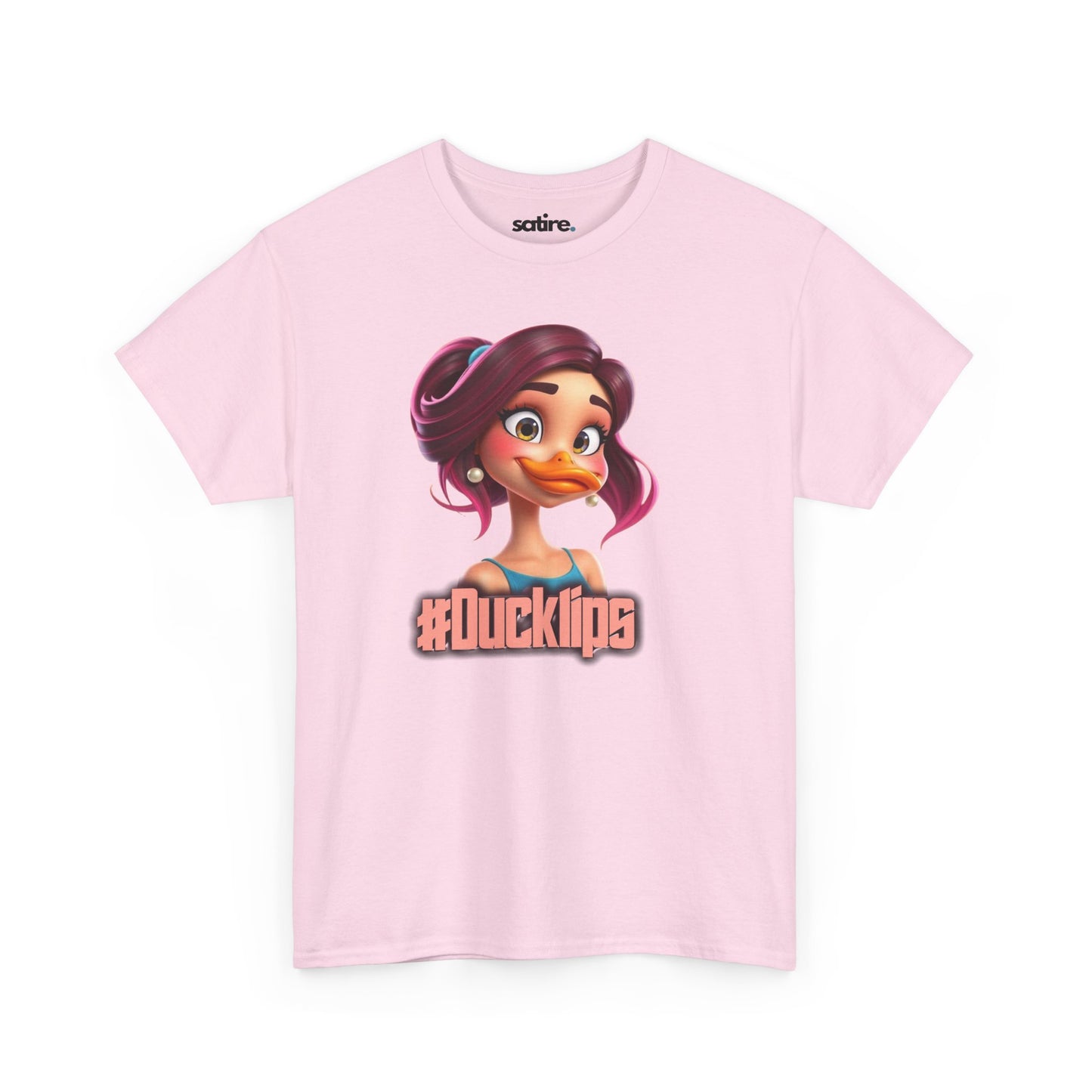 Light pink t-shirt featuring a colorful cartoon character with purple hair and a duck bill, wearing a blue top, with the text '#Ducklips' in bold letters below the image | Satire Clothes