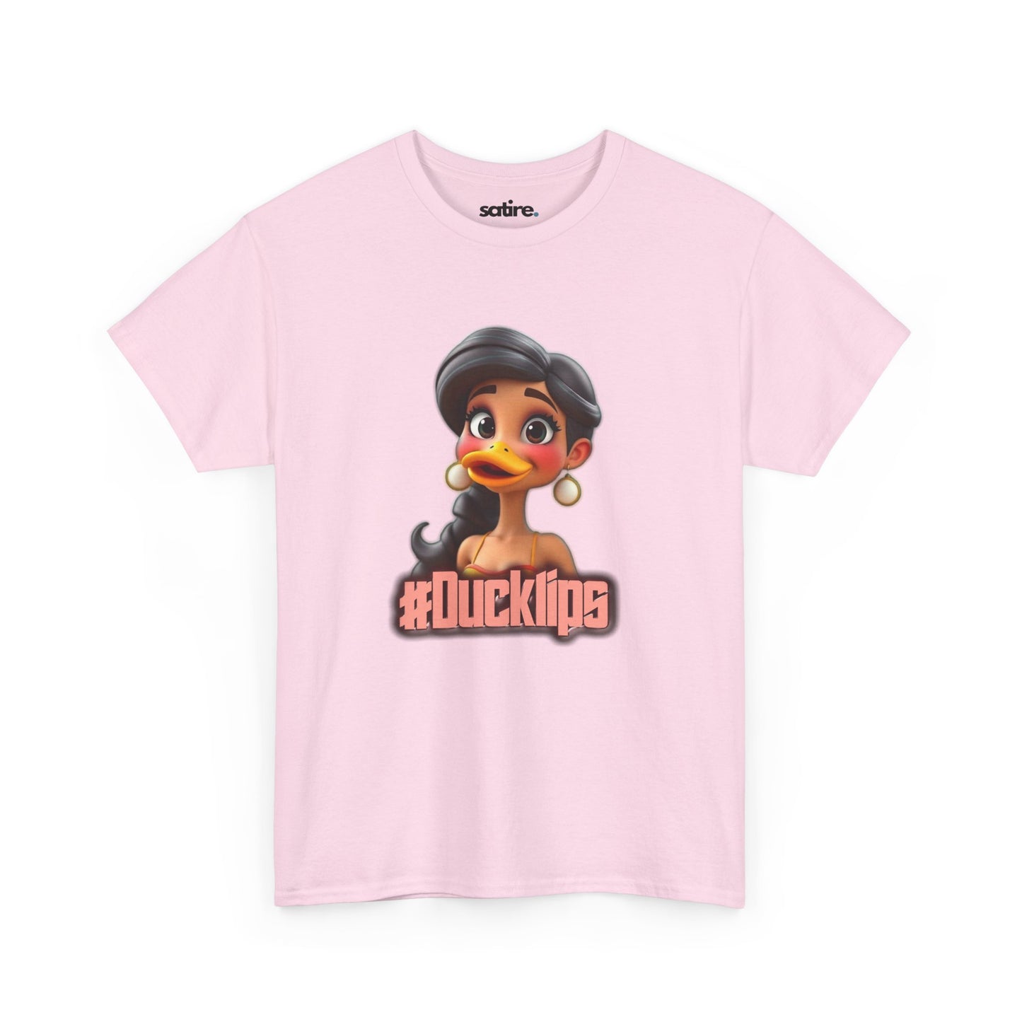 Light pink t-shirt featuring a humorous graphic of a character with a duck's beak and the text "#Ducklips" in bold, pink letters | Satire Clothes