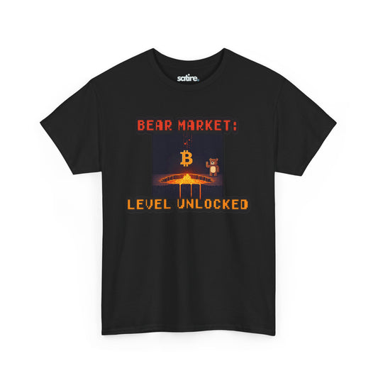 Black t-shirt from Satire Clothes with 'BEAR MARKET:' in red. Image of Bitcoin melting into lava with a bear watching. 'LEVEL UNLOCKED' in orange below | Satire Clothes