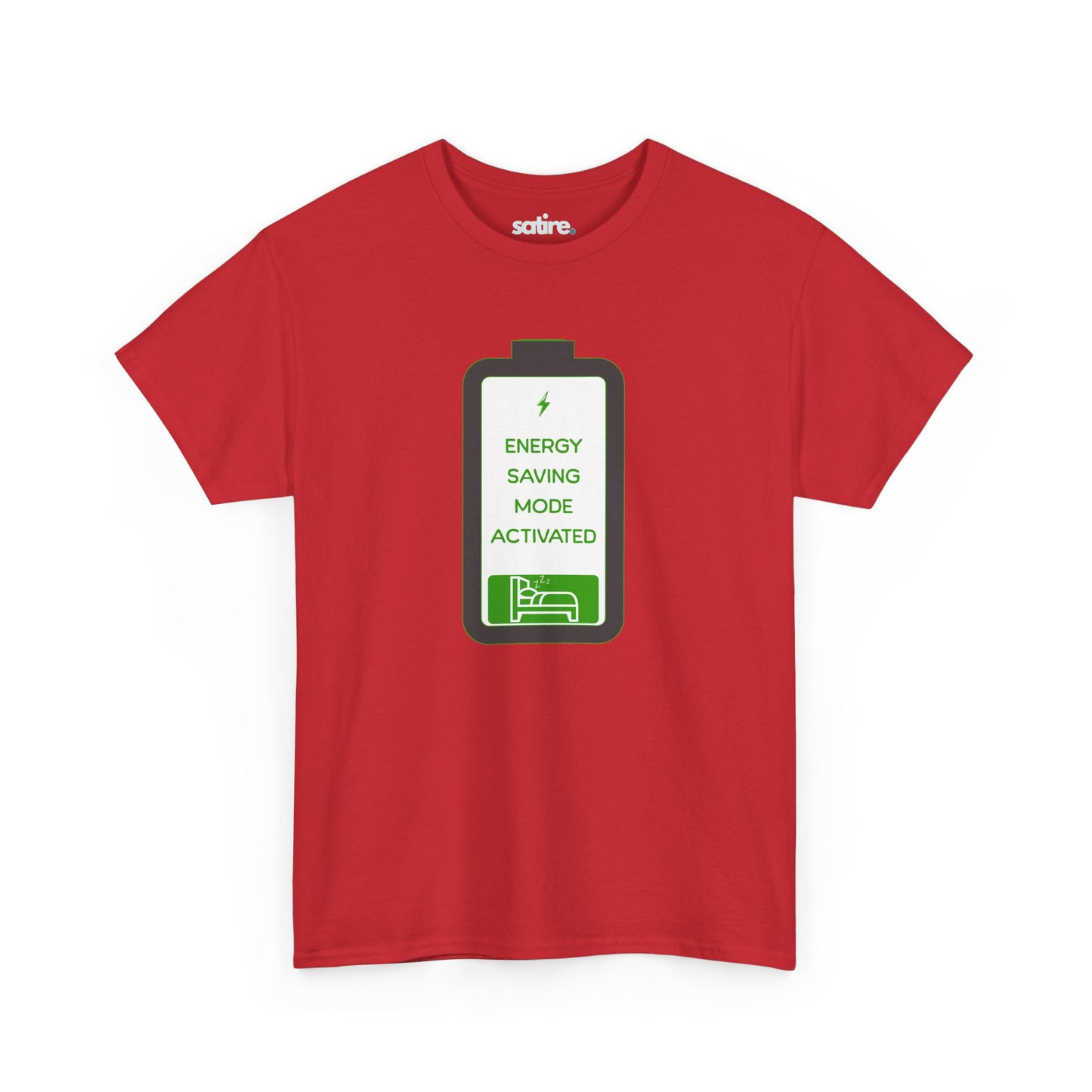 Red t-shirt with a graphic of a battery icon displaying 'Energy Saving Mode Activated' text and a sleeping person icon | Satire Clothes