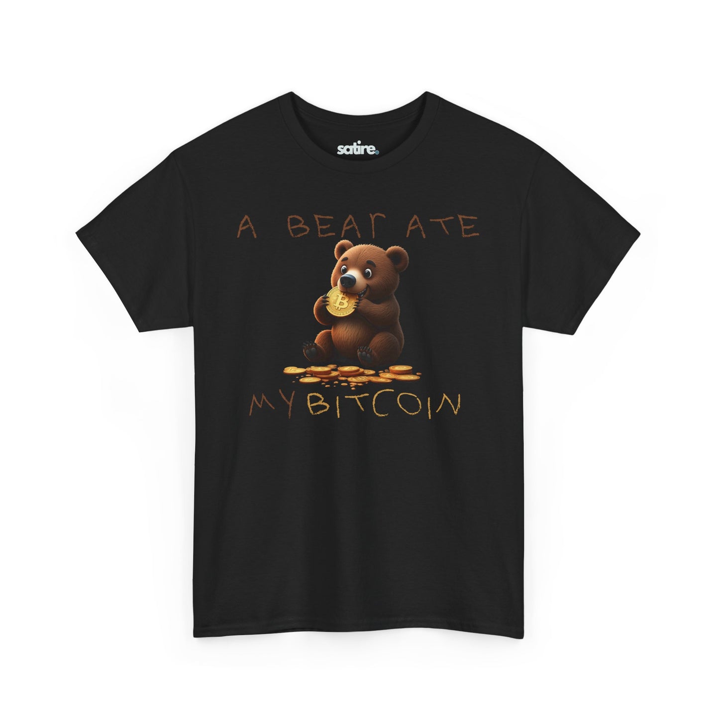 Black t-shirt with a cartoon bear eating a Bitcoin, text reads "A BEAR ATE MY BITCOIN" with Bitcoin symbols around the bear. | Satire Clothes