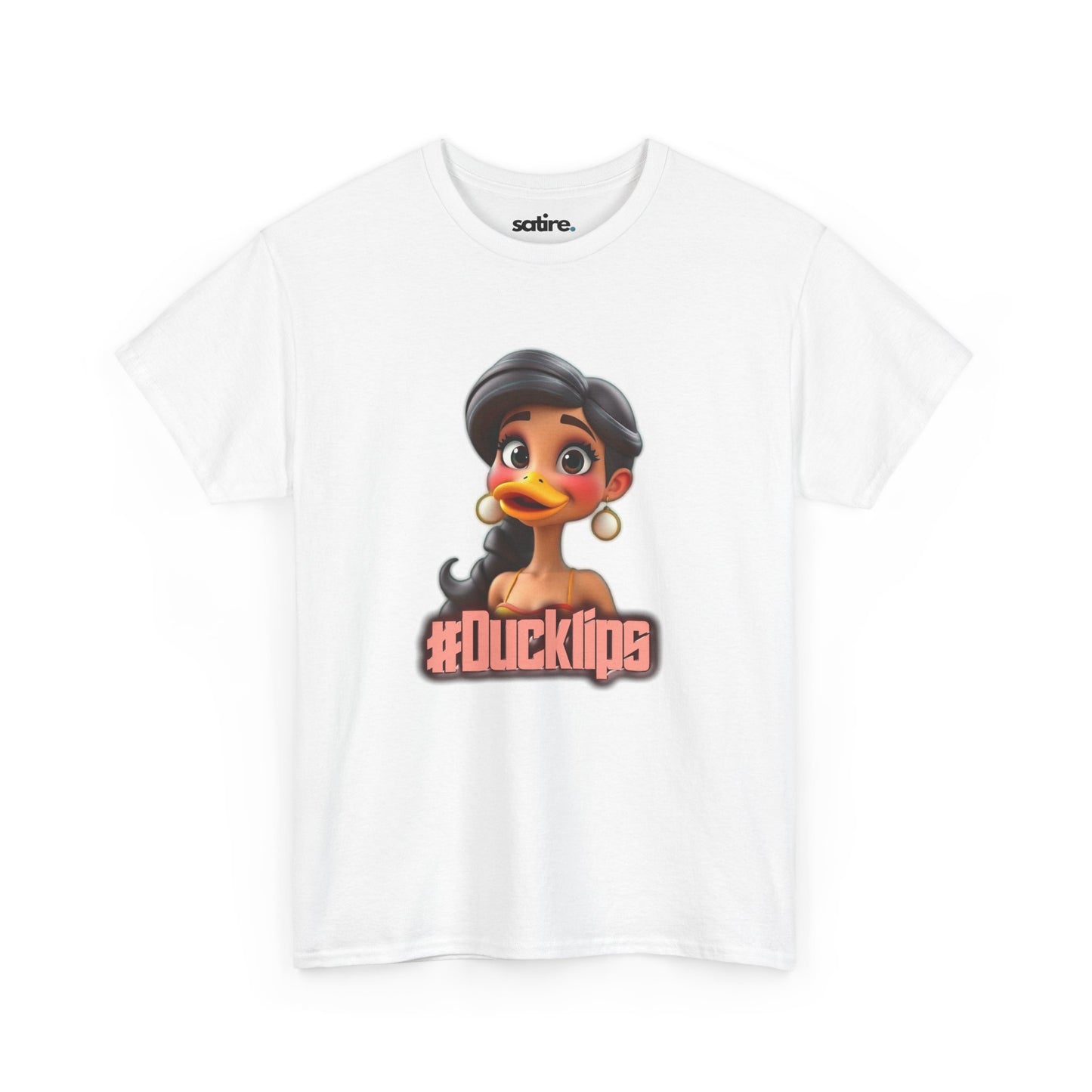 White t-shirt featuring a humorous graphic of a character with a duck's beak and the text "#Ducklips" in bold, pink letters | Satire Clothes