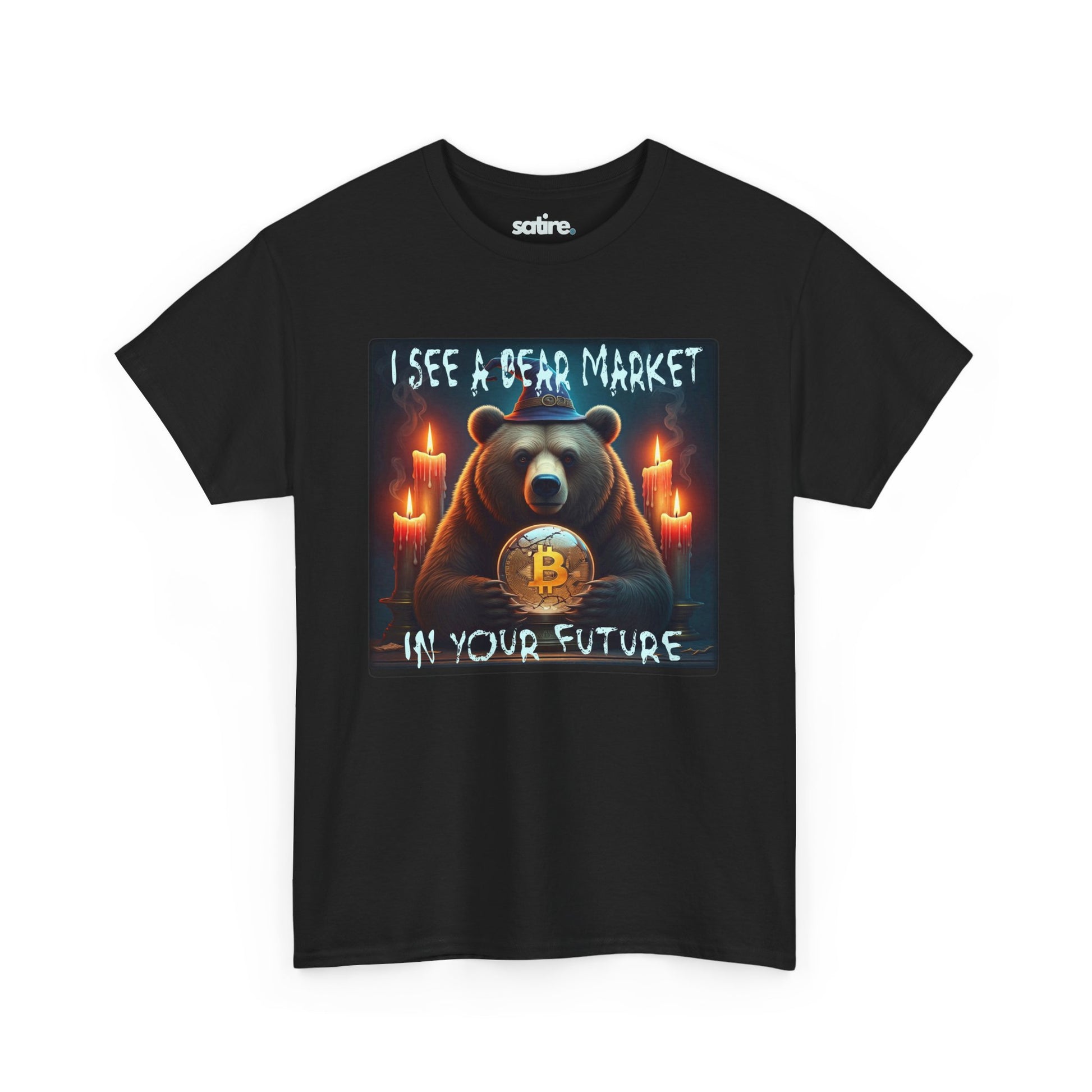 Black t-shirt with a graphic of a bear wearing a wizard hat, gazing into a crystal ball with a Bitcoin symbol. Text reads: 'I SEE A BEAR MARKET IN YOUR FUTURE' | Satire Clothes