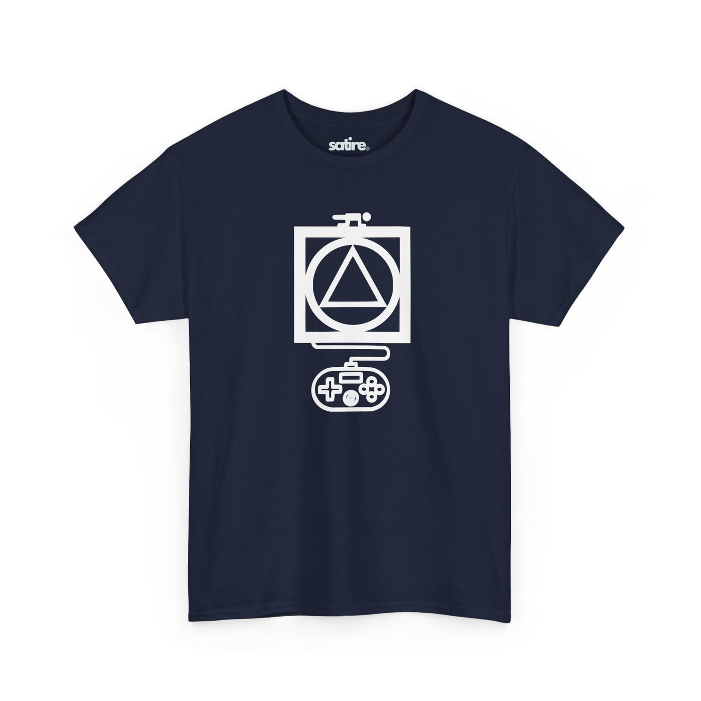 Navy blue t-shirt with a white graphic design featuring a triangle inside a circle, which is inside a square, with a game controller below. | Satire Clothes