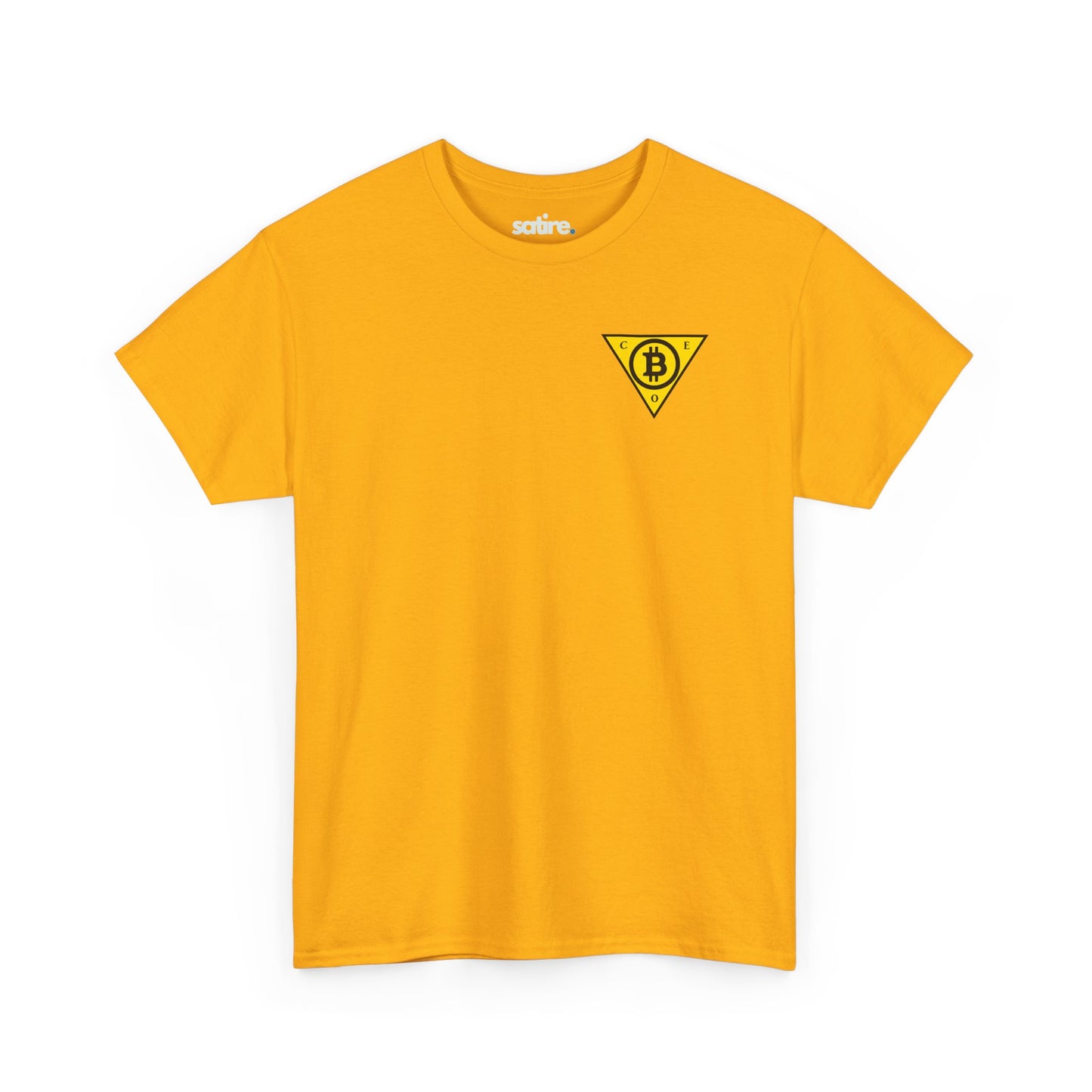 Yellow t-shirt with a yellow triangle logo featuring the Bitcoin symbol in the center and the letters C, E, and O at each point of the triangle. | Satire Clothes