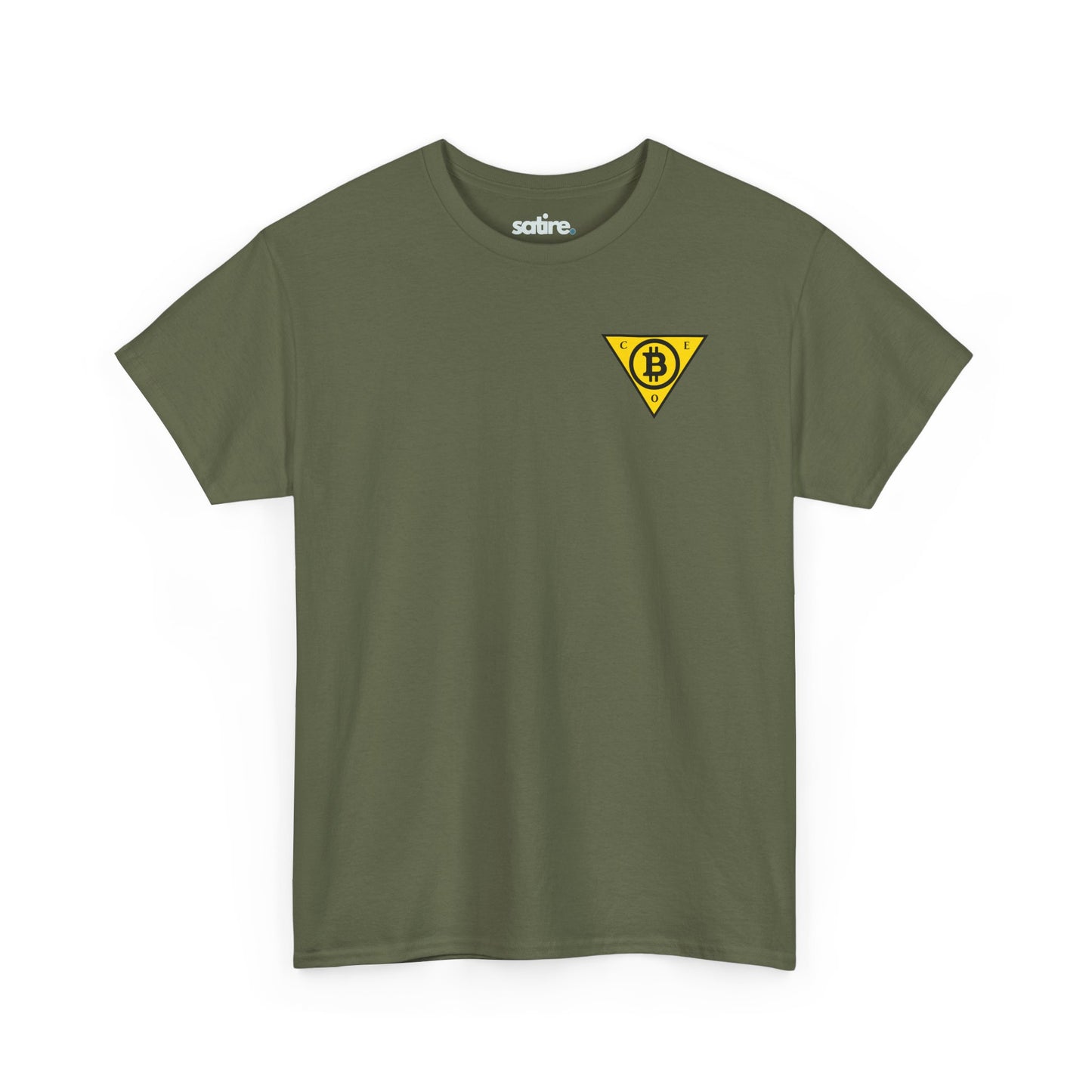 Military green t-shirt with a yellow triangle logo featuring the Bitcoin symbol in the center and the letters C, E, and O at each point of the triangle. | Satire Clothes