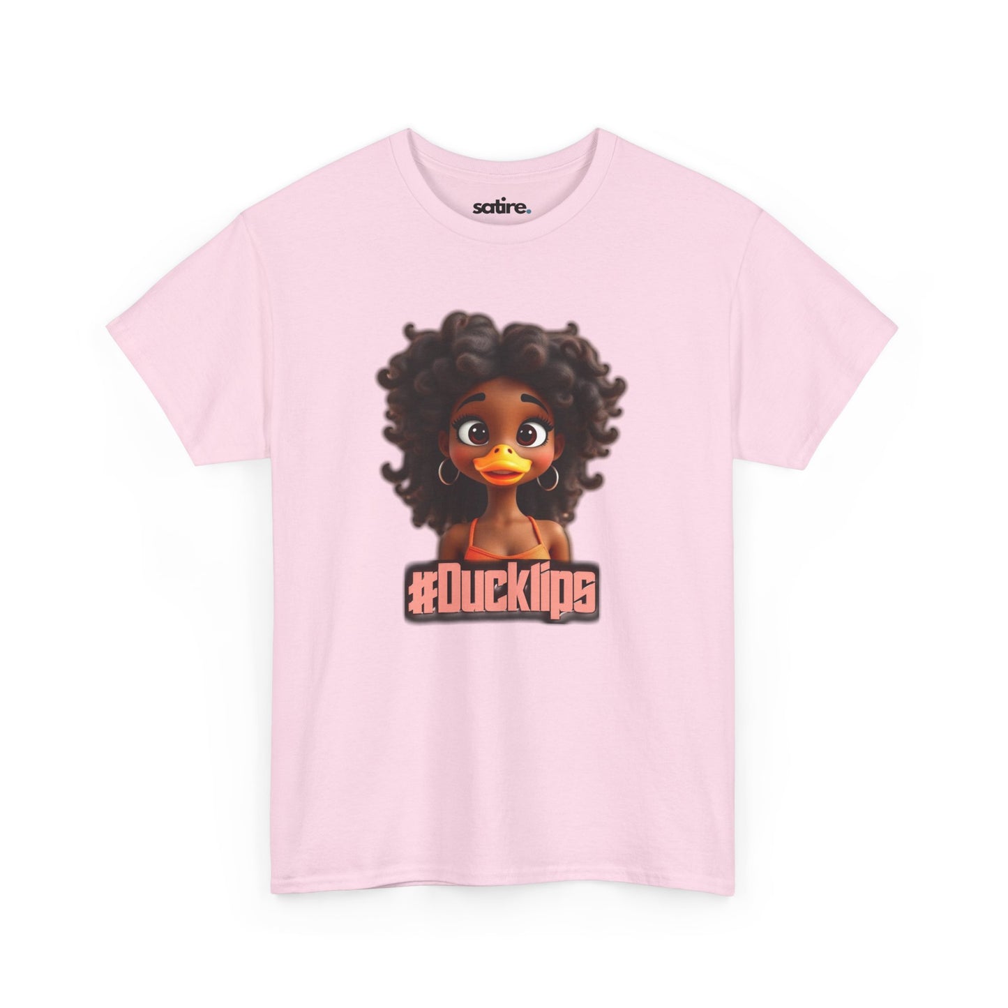 Light pink t-shirt featuring a humorous cartoon duck with human-like curly hair and hoop earrings, text reads #Ducklips in pink | Satire Clothes