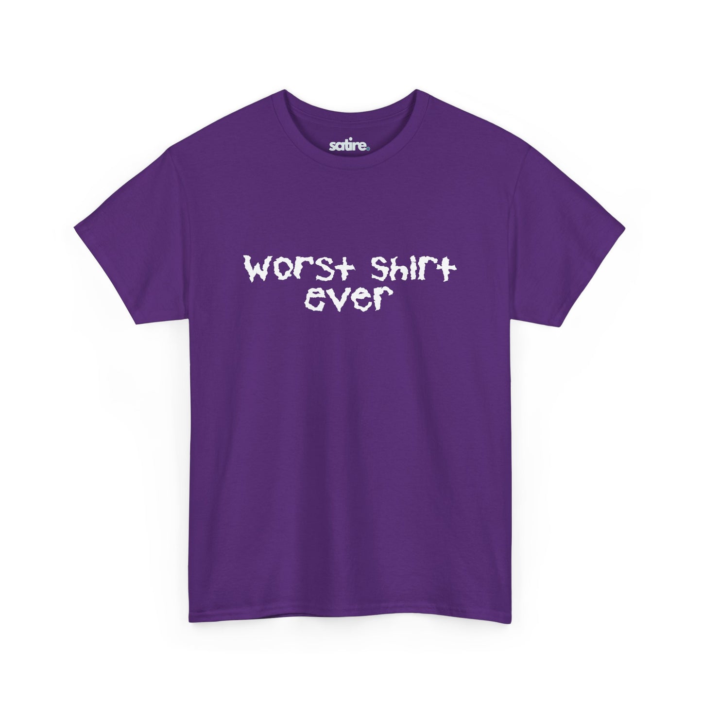 Purple t-shirt with distressed white text reading "Worst Shirt Ever" | Satire Clothes