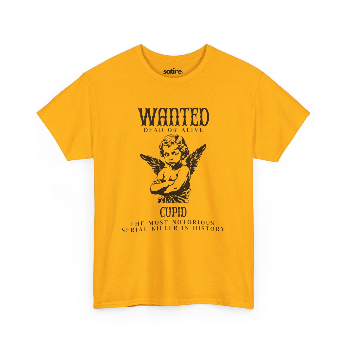 Yellow T-shirt featuring a satirical Wanted: Cupid design, depicting Cupid as the Most Notorious Serial Killer in History | Satire Clothes