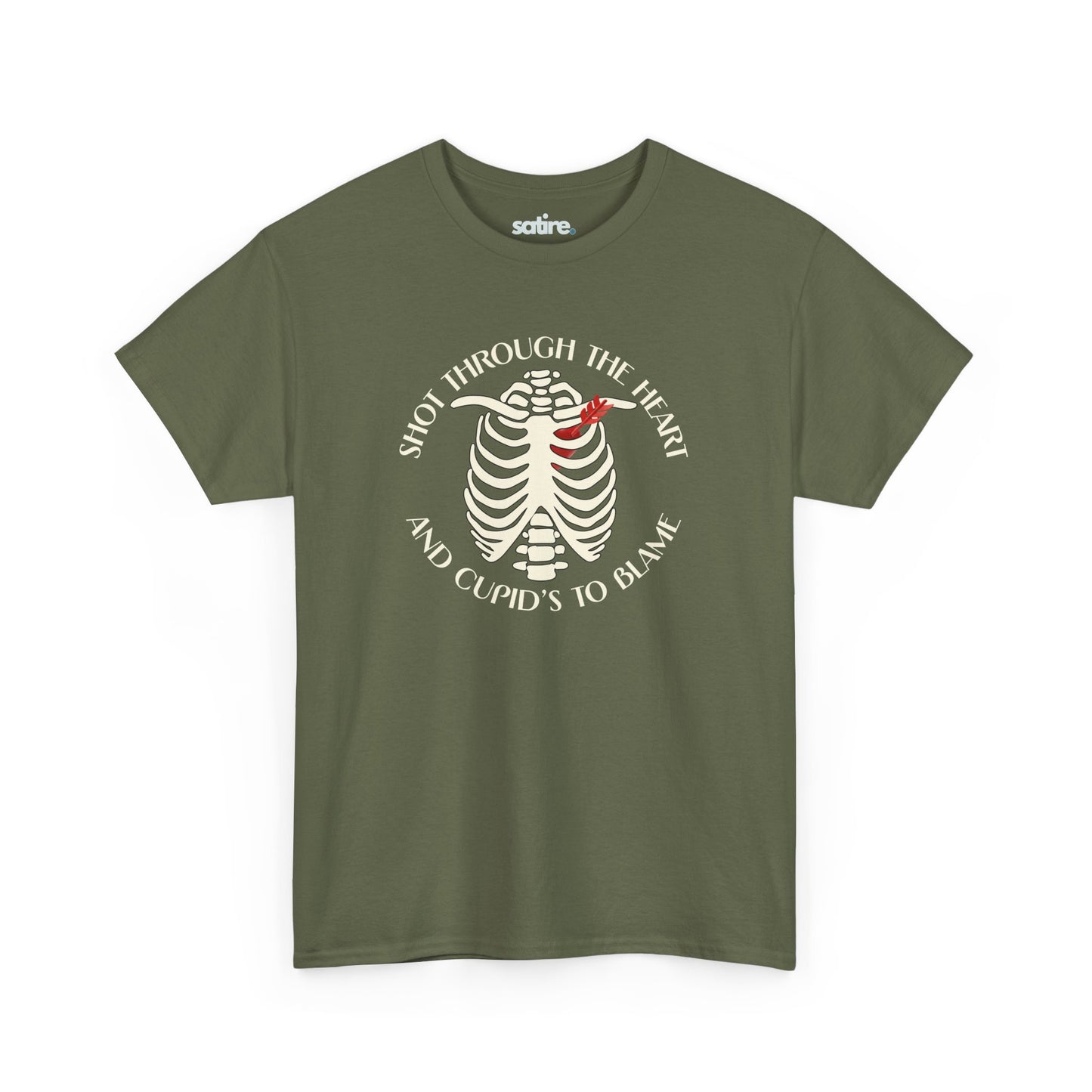 Military green T-Shirt with a white skeleton ribcage design and the text 'Shot Through The Heart And Cupid's To Blame' encircling it | Satire Clothes