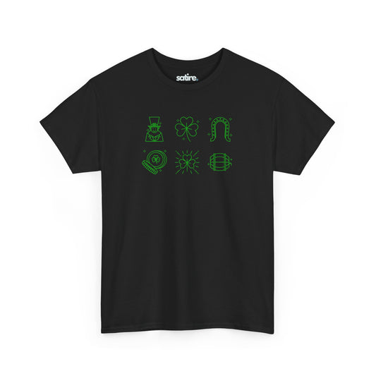 Black tee with green icons of leprechaun, shamrock, horseshoe, sunburst, and barrel | Satire Clothes