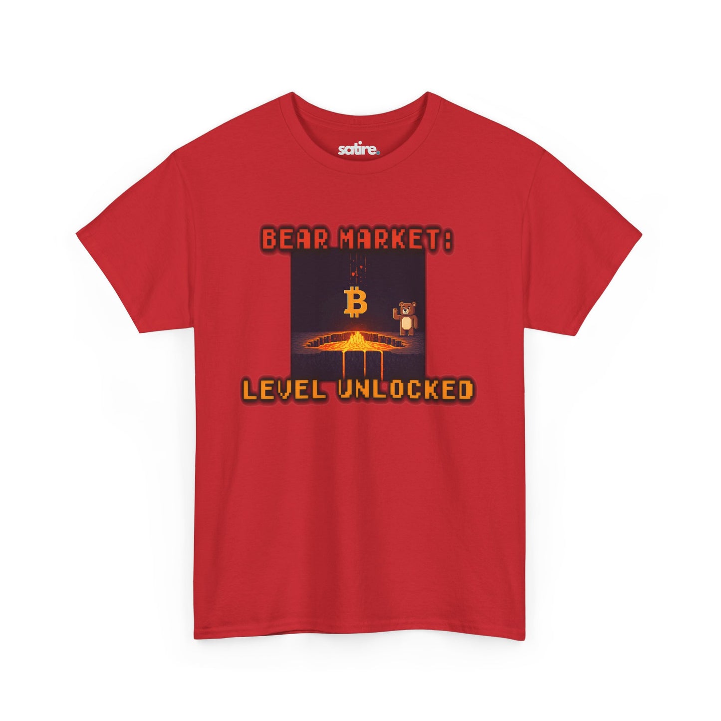 Red t-shirt from Satire Clothes with 'BEAR MARKET:' in red. Image of Bitcoin melting into lava with a bear watching. 'LEVEL UNLOCKED' in orange below. | Satire Clothes