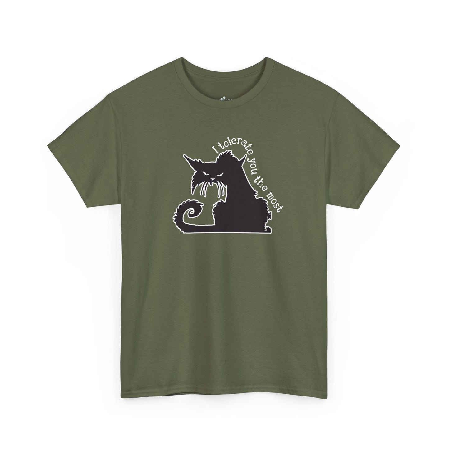 Military green T-shirt with a black silhouette of an angry cat and the text "I tolerate you the most" printed on it | Satire Clothes