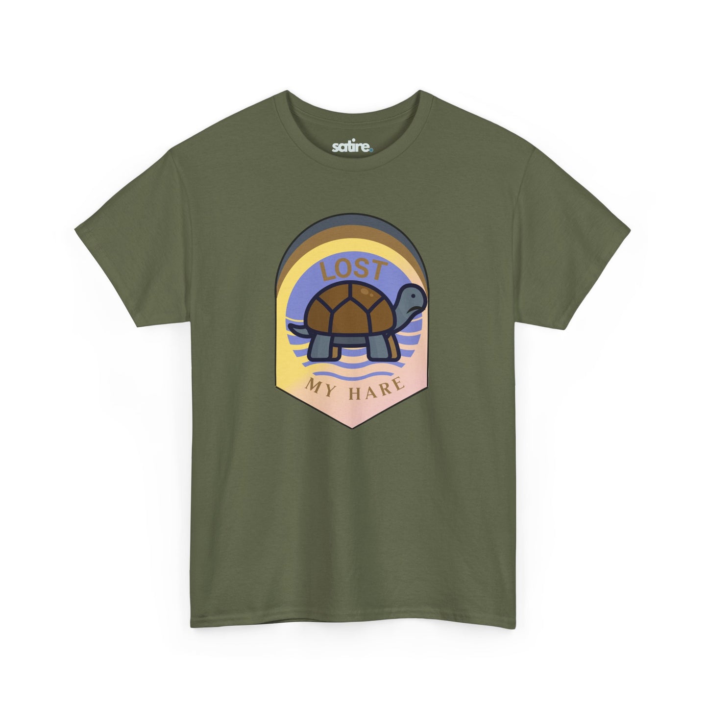 Military green T-shirt with a design of a turtle and the text 'LOST MY HARE' in a colorful, retro-style patch on the front. | Satire Clothes