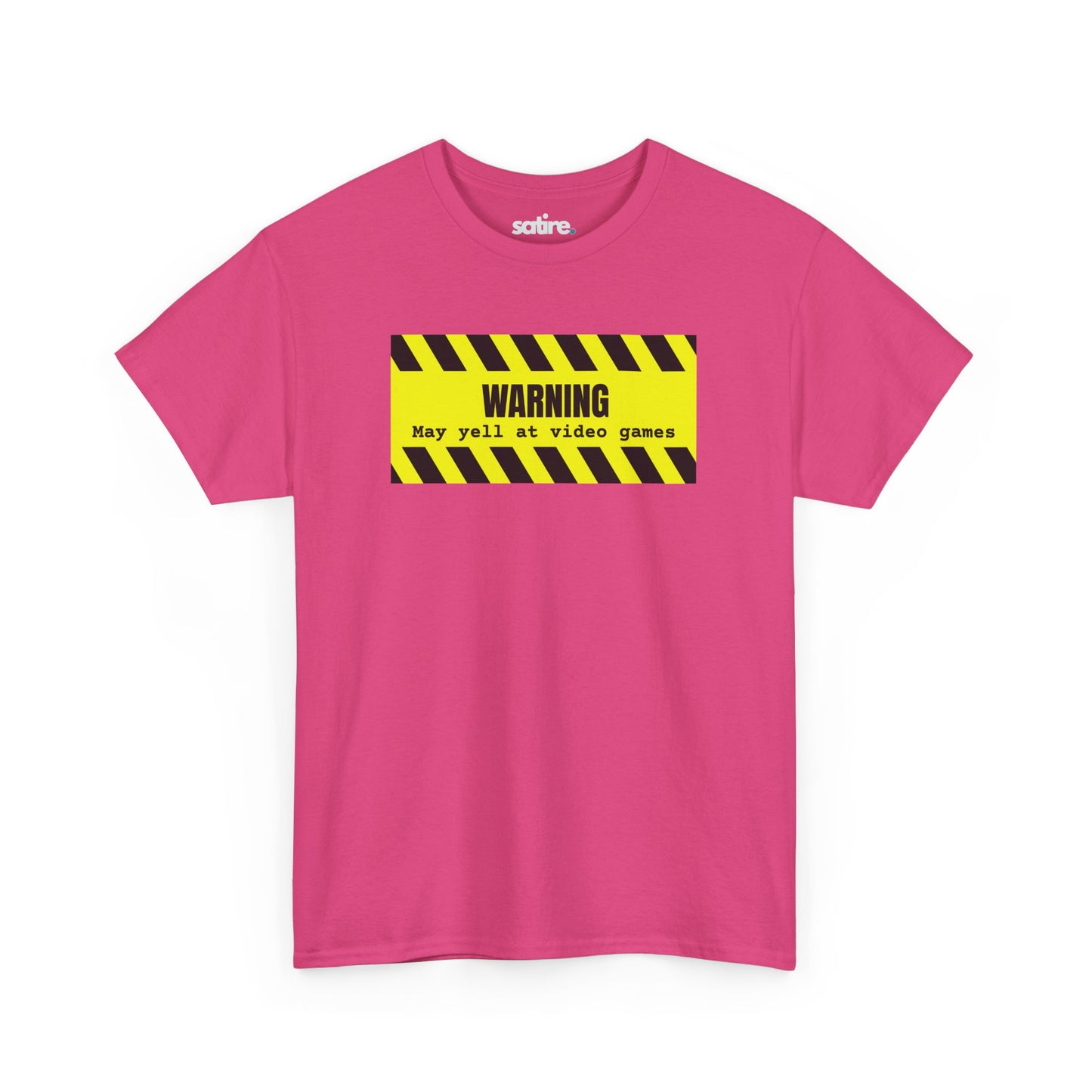 Pink t-shirt with a yellow and black striped warning sign graphic which says 'WARNING: May yell at video games' in bold black text | Satire Clothes