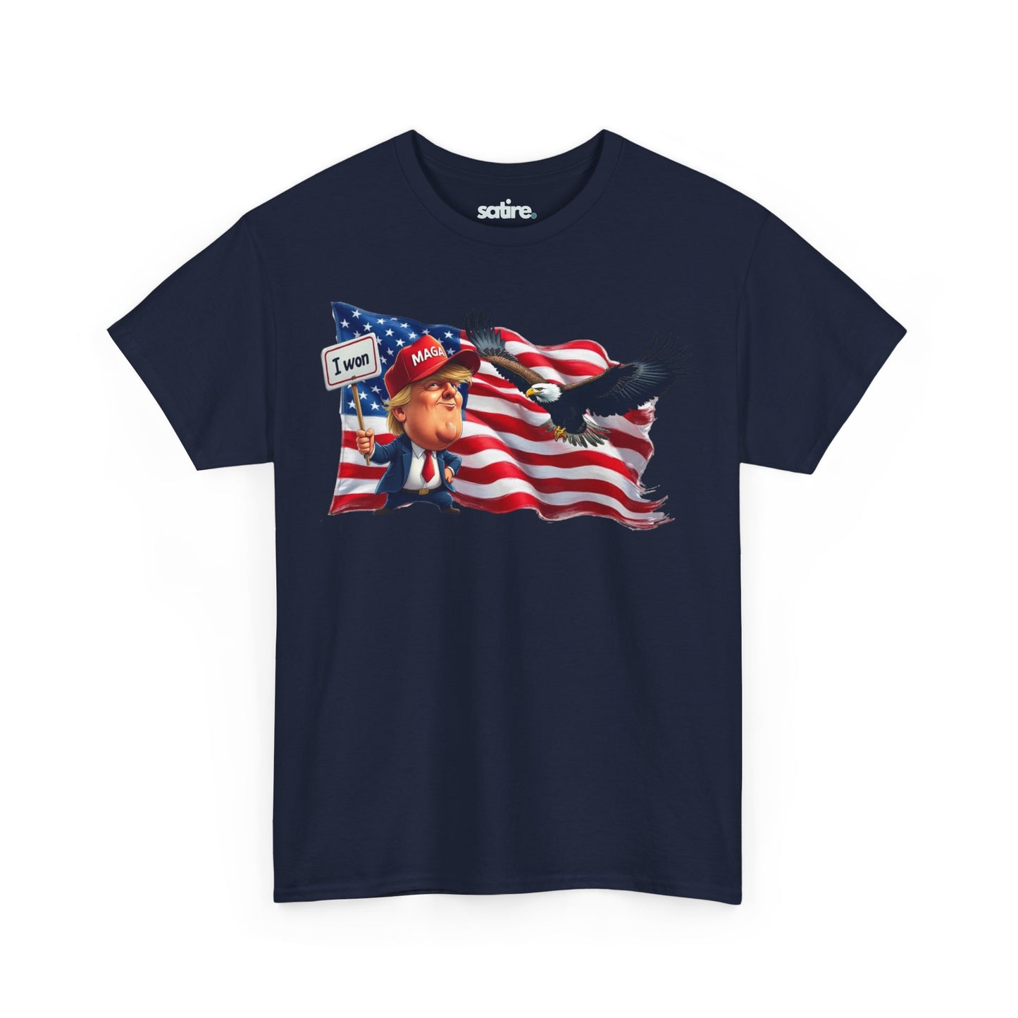 Navy blue t-shirt featuring a satirical design of Donald Trump holding an "I WON" sign in front of an American flag with an eagle flying above | Satire Clothes