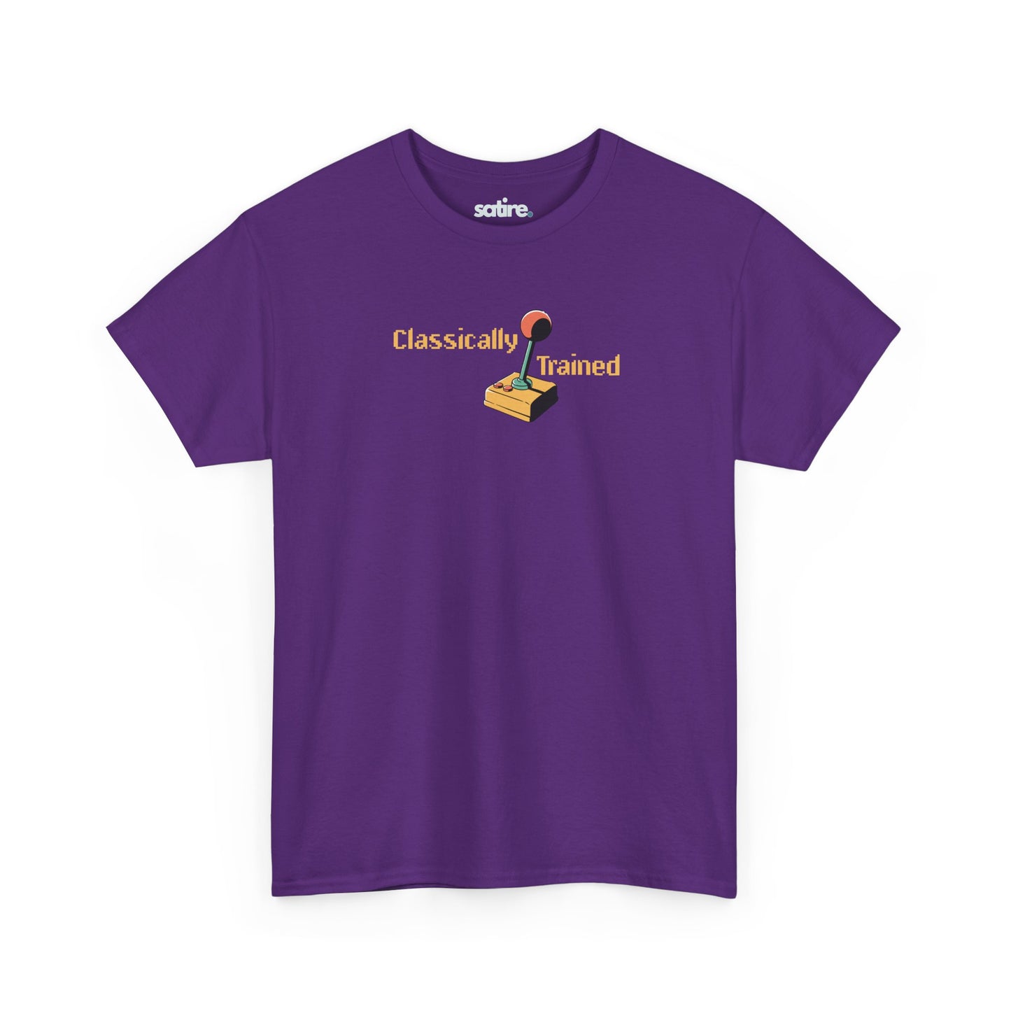 Purple 'Classically Trained' t-shirt with a retro 80s design featuring an old-school joystick graphic | Satire Clothes