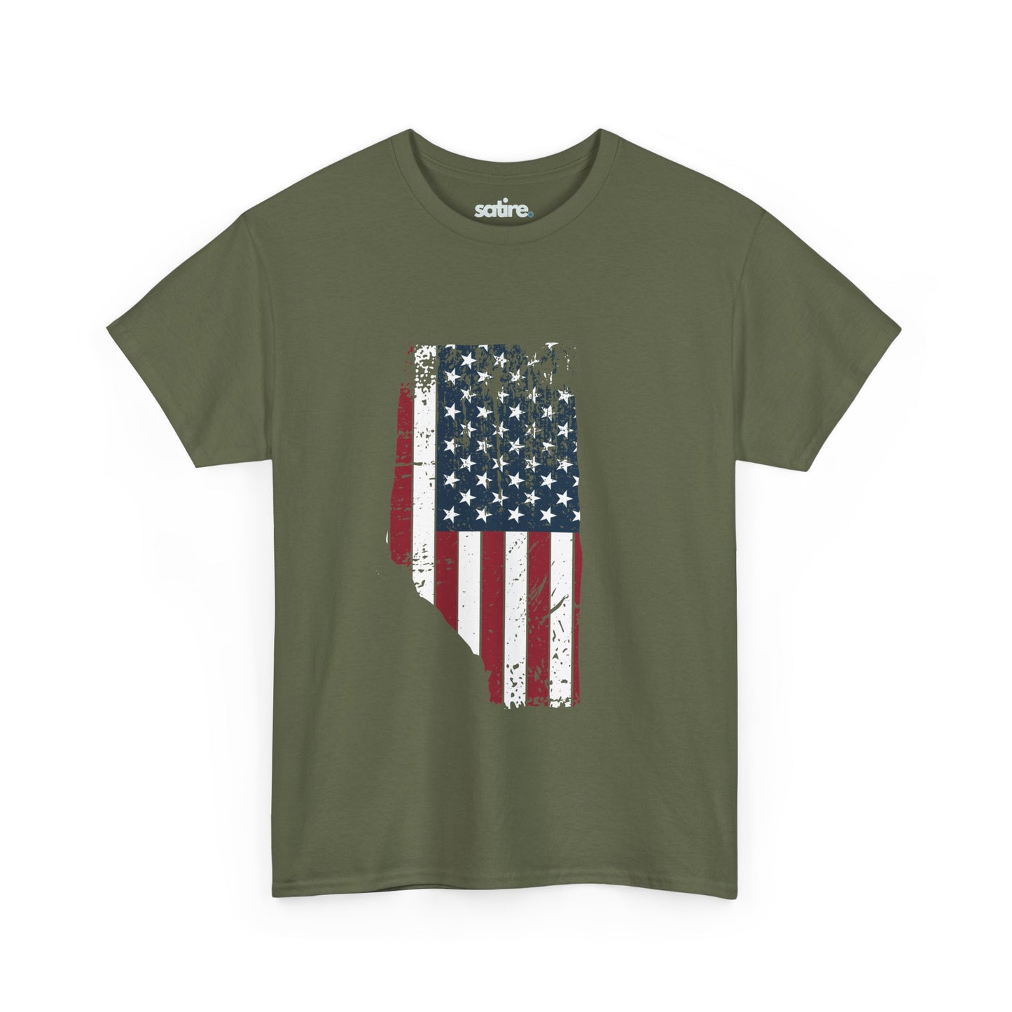 Military green T-shirt with a graphic of Alberta's silhouette filled with the design of the American flag | Satire Clothes