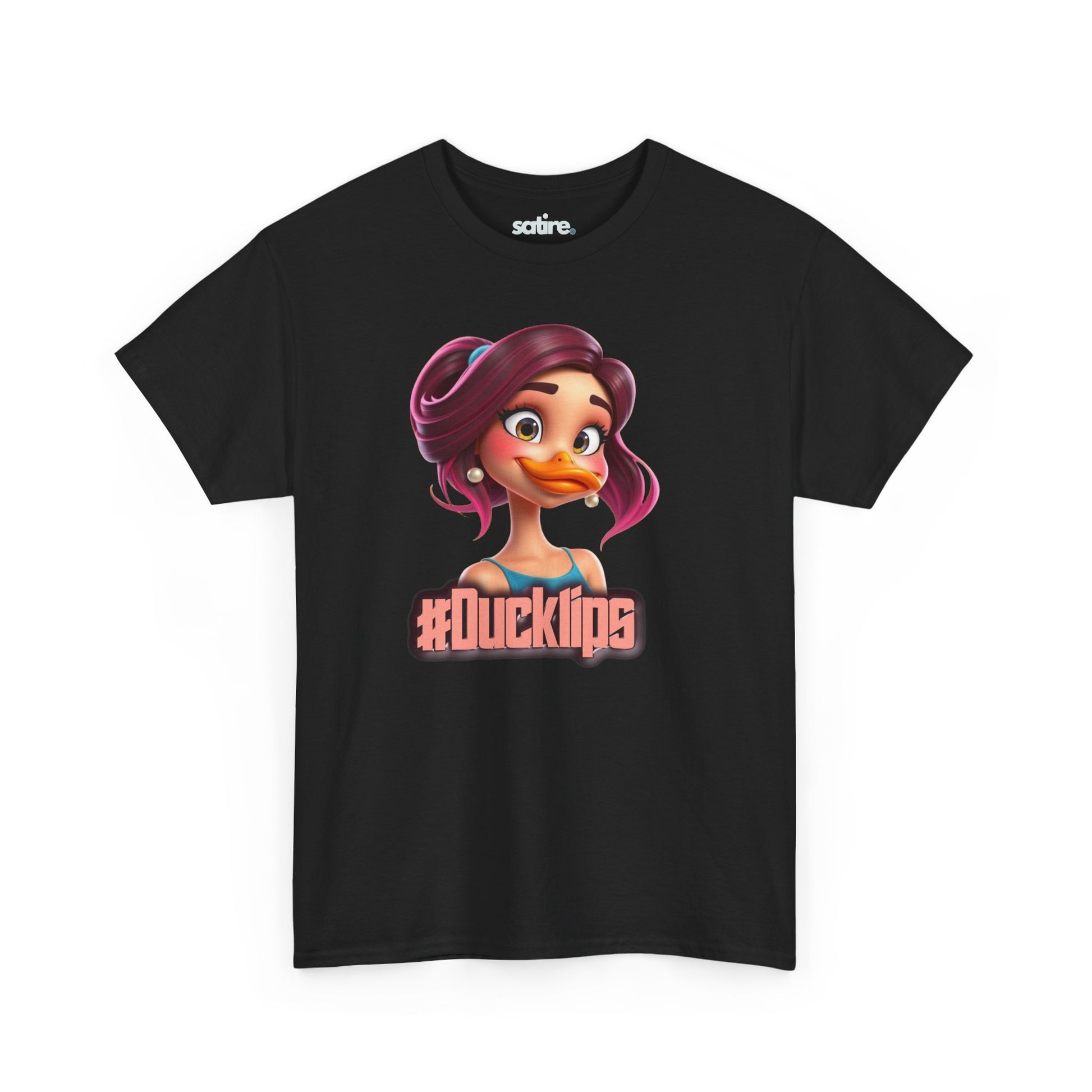 Black t-shirt featuring a colorful cartoon character with purple hair and a duck bill, wearing a blue top, with the text '#Ducklips' in bold letters below the image | Satire Clothes