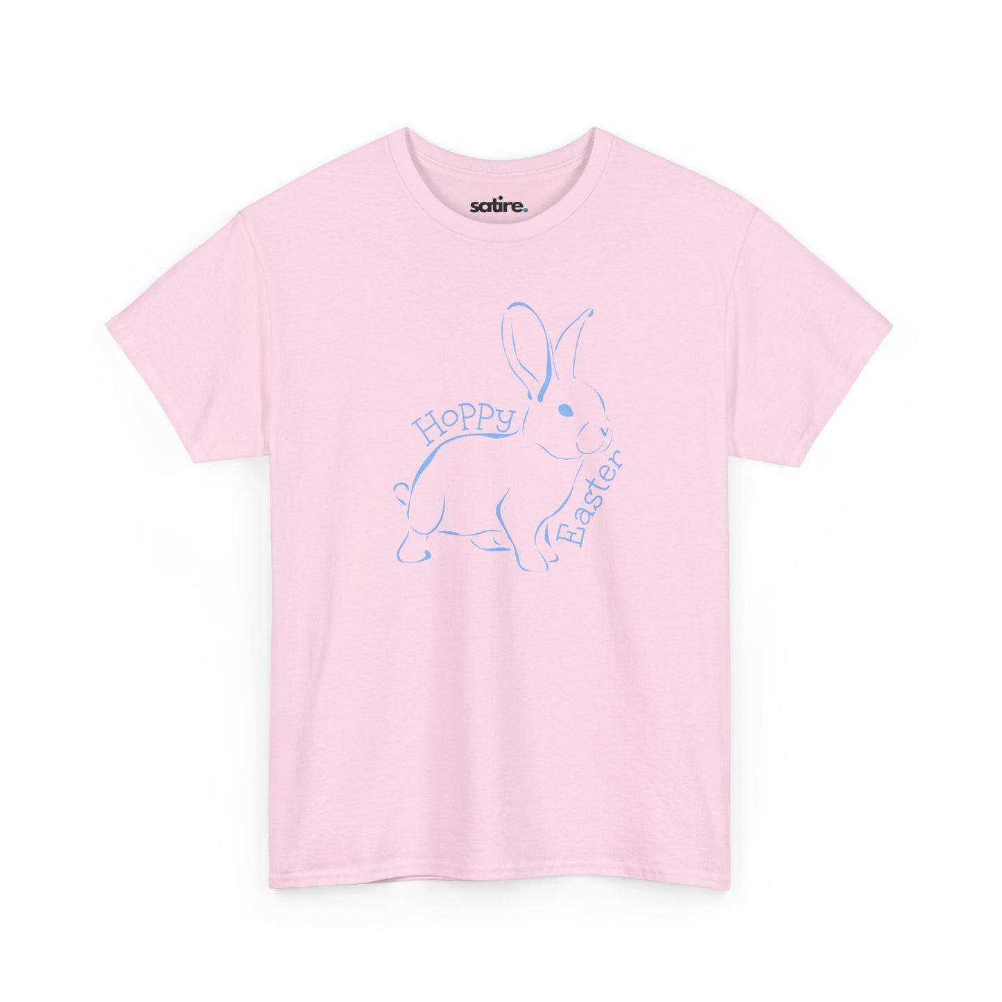 Light pink t-shirt with a playful blue outline of a bunny, surrounded by the words 'Hoppy Easter' in a whimsical font. | Satire Clothes