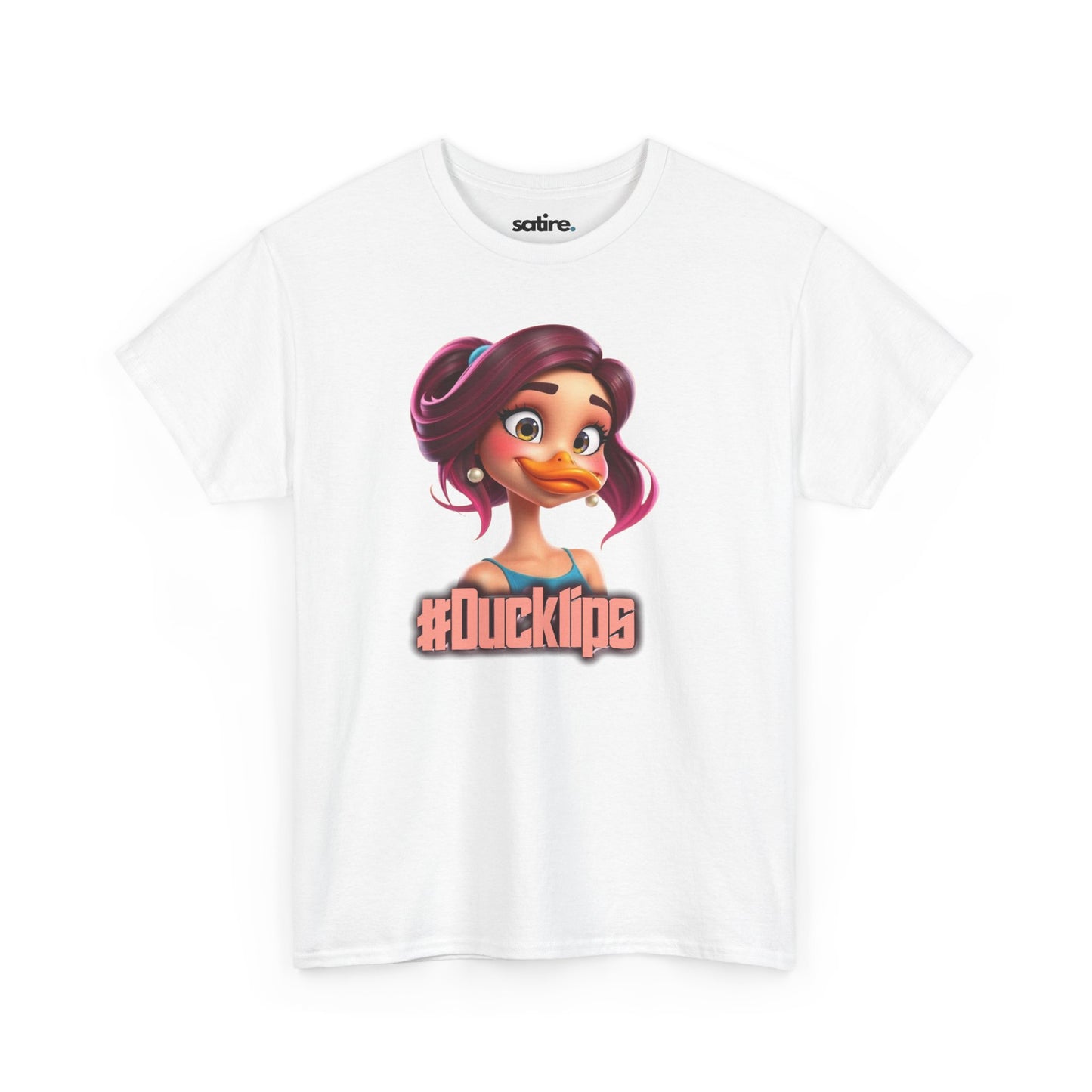 White t-shirt featuring a colorful cartoon character with purple hair and a duck bill, wearing a blue top, with the text '#Ducklips' in bold letters below the image | Satire Clothes