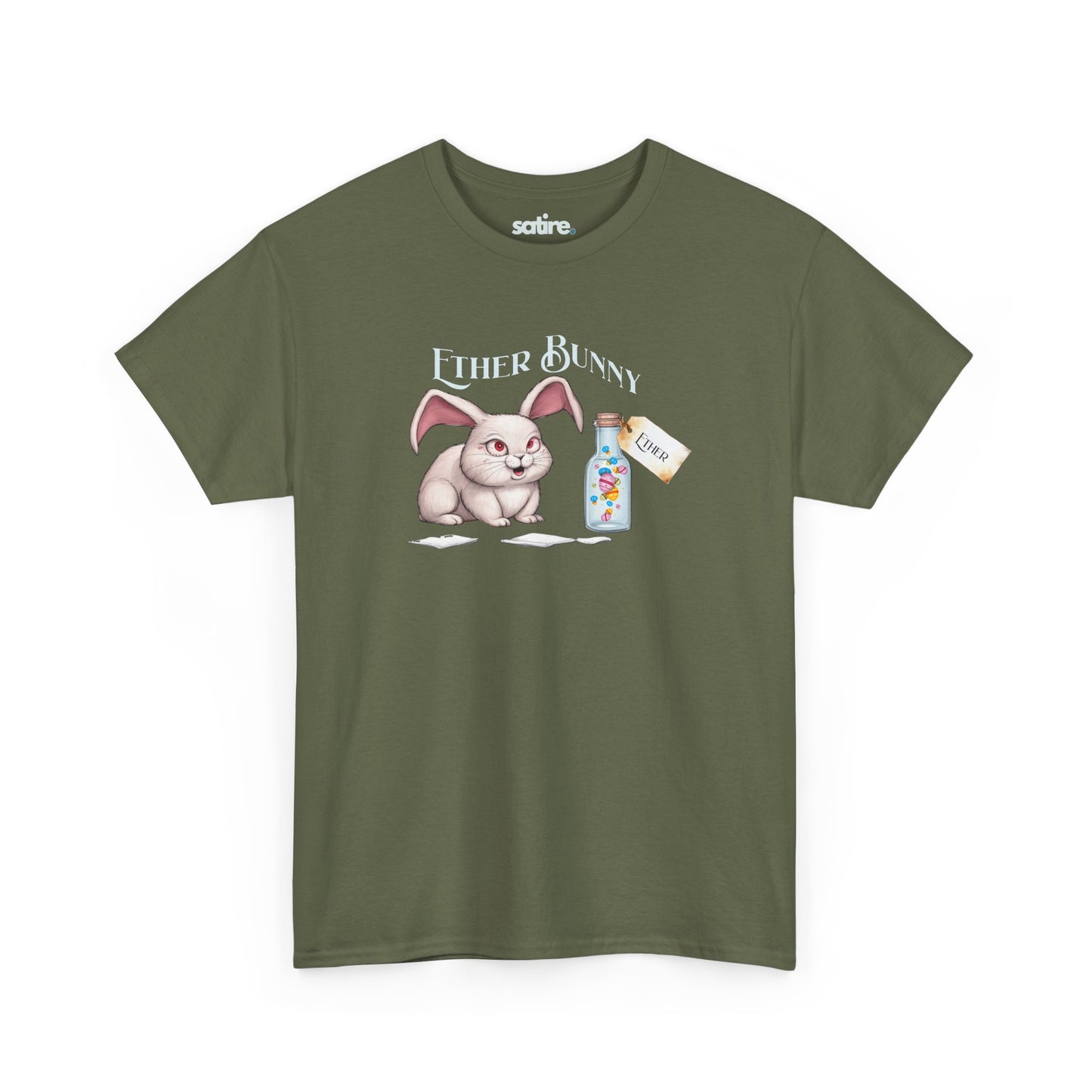 Military green t-shirt with a graphic of a cartoon bunny labeled "Ether Bunny" sitting next to a bottle with a tag that reads "Ether." | Satire Clothes