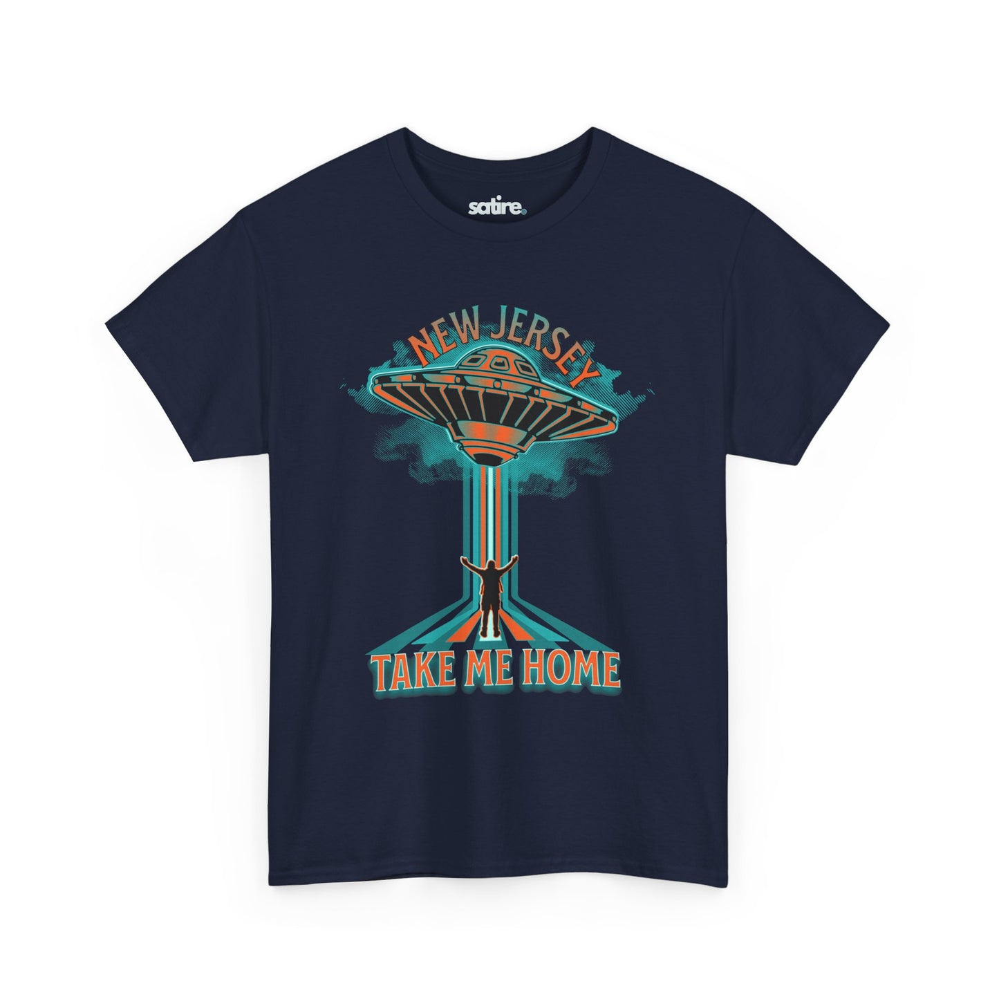 Navy blue t-shirt with a vibrant graphic of a human being abducted by a neon-colored UFO, with the text "NEW JERSEY" above and "TAKE ME HOME" below the image | Satire Clothes