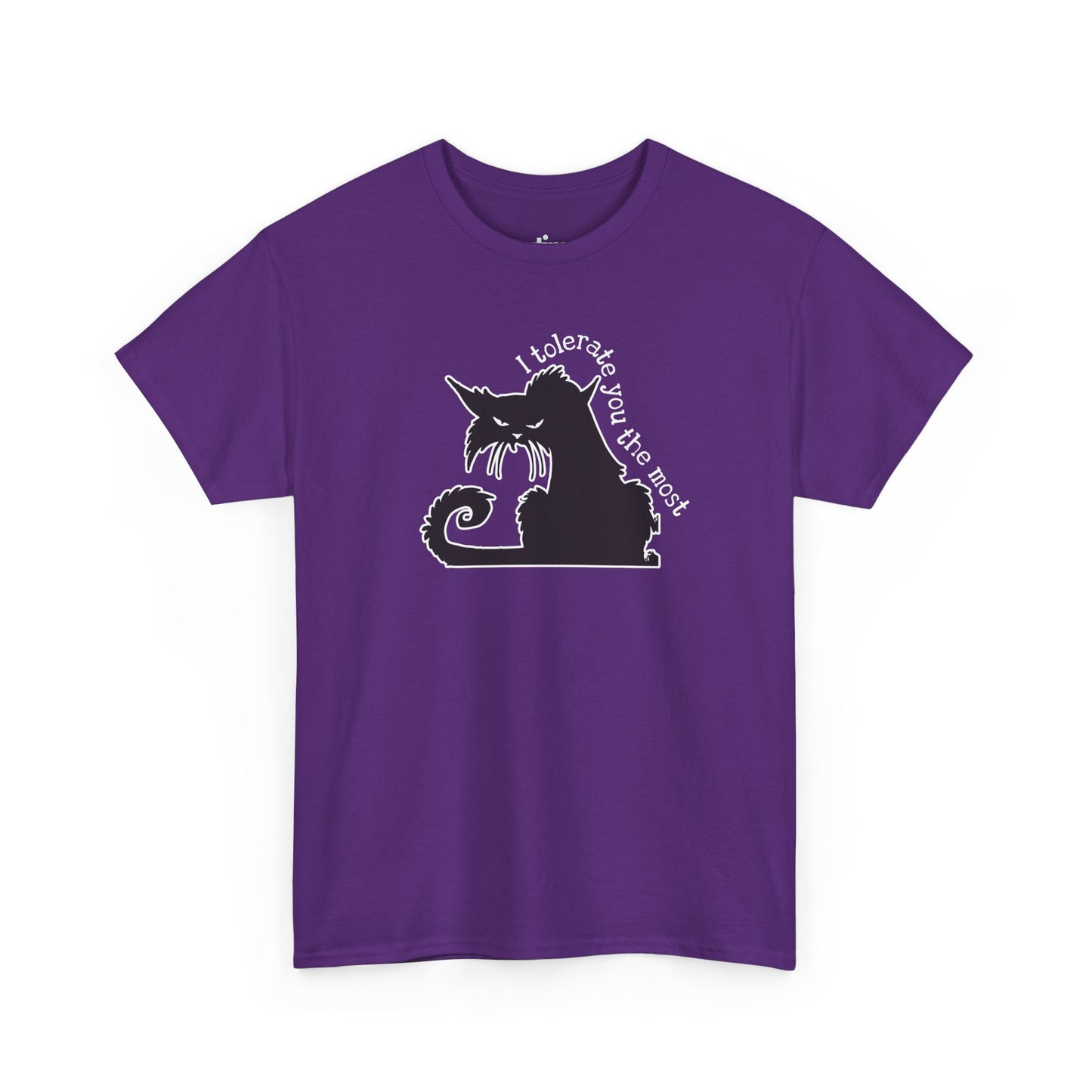 Purple T-shirt with a black silhouette of an angry cat and the text "I tolerate you the most" printed on it | Satire Clothes