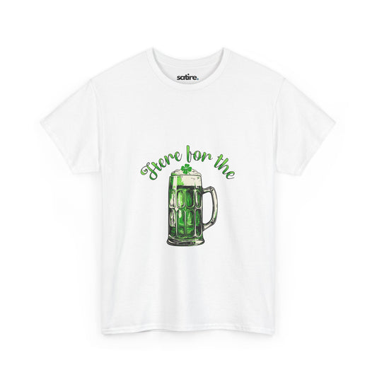 White T-shirt with a graphic of a green beer mug and the text "Here for the Beer" in green above it. | Satire Clothes