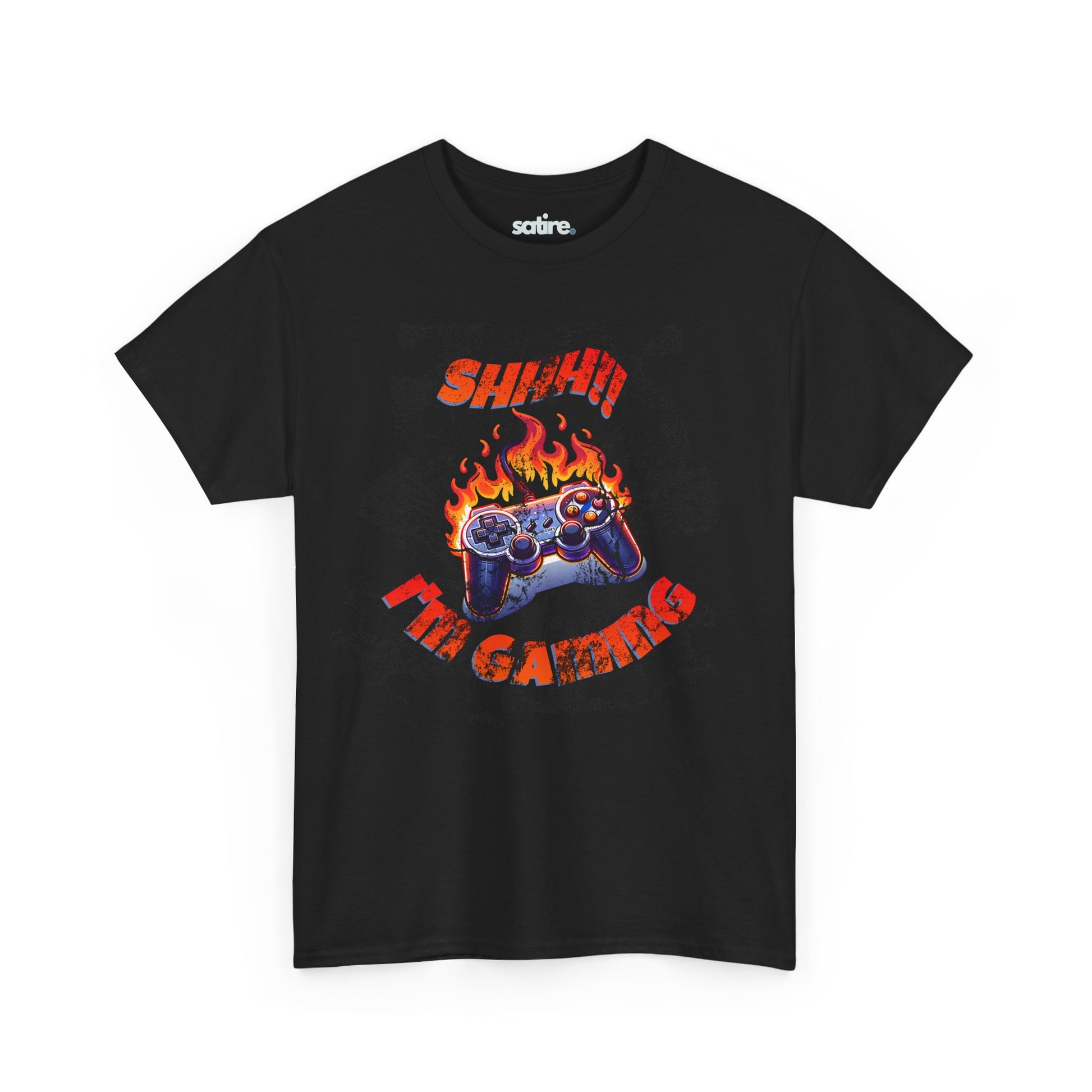 Black T-shirt with a graphic of a flaming game controller and the text "SHH!! I'M GAMING" in bold, fiery letters | Satire Clothes