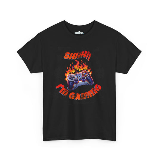 Black T-shirt with a graphic of a flaming game controller and the text "SHH!! I'M GAMING" in bold, fiery letters | Satire Clothes