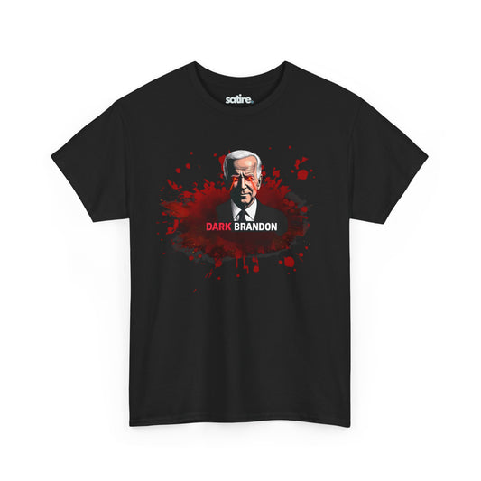 Black unisex t-shirt featuring a graphic of a man with white hair in a suit, with red splatter effects behind him and the text 'DARK BRANDON' in bold white and red letters below the image. | Satire Clothes