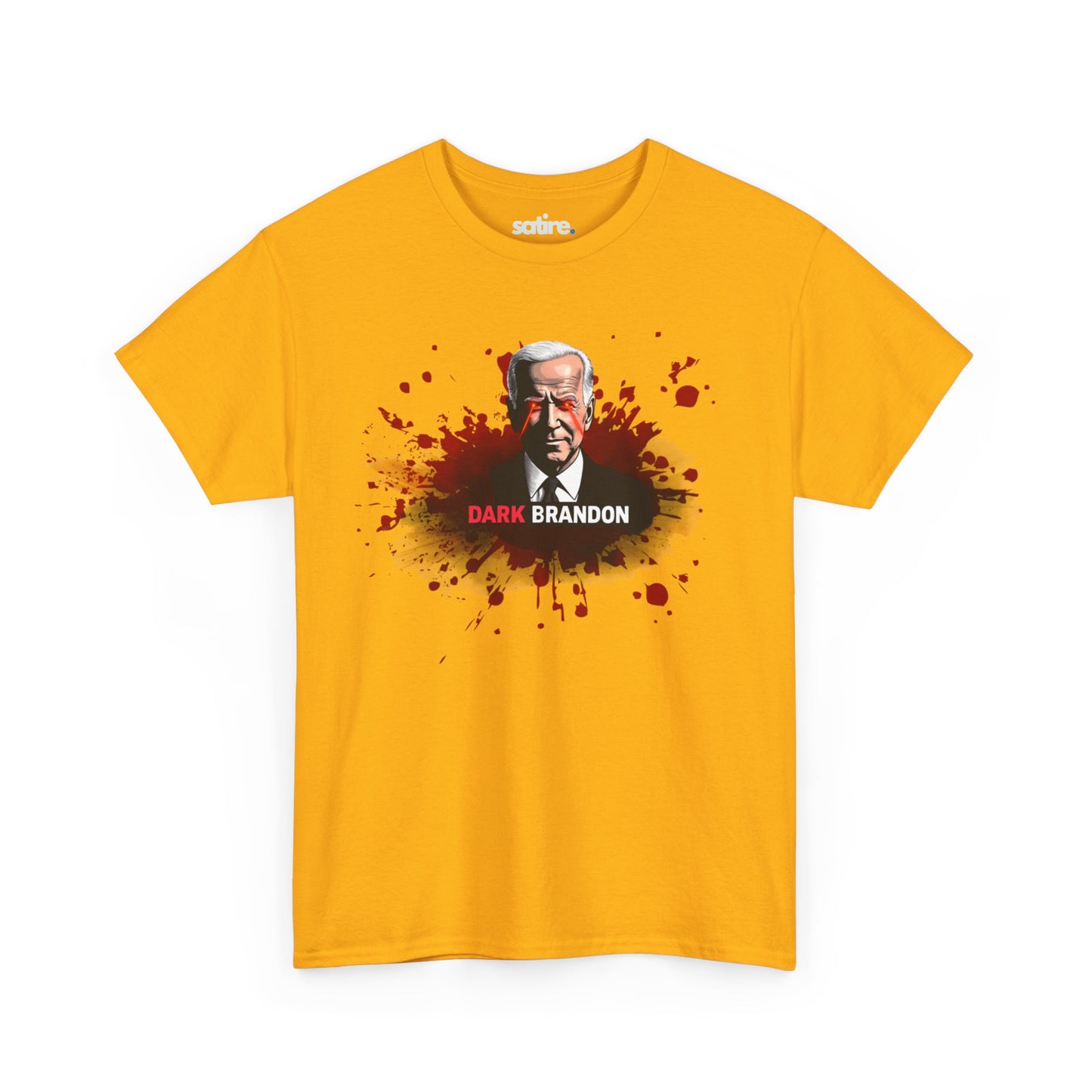 Yellow t-shirt with a graphic of a man with white hair in a suit, surrounded by red splatter effects, and the text 'DARK BRANDON' in bold white and red letters below the image | Satire Clothes