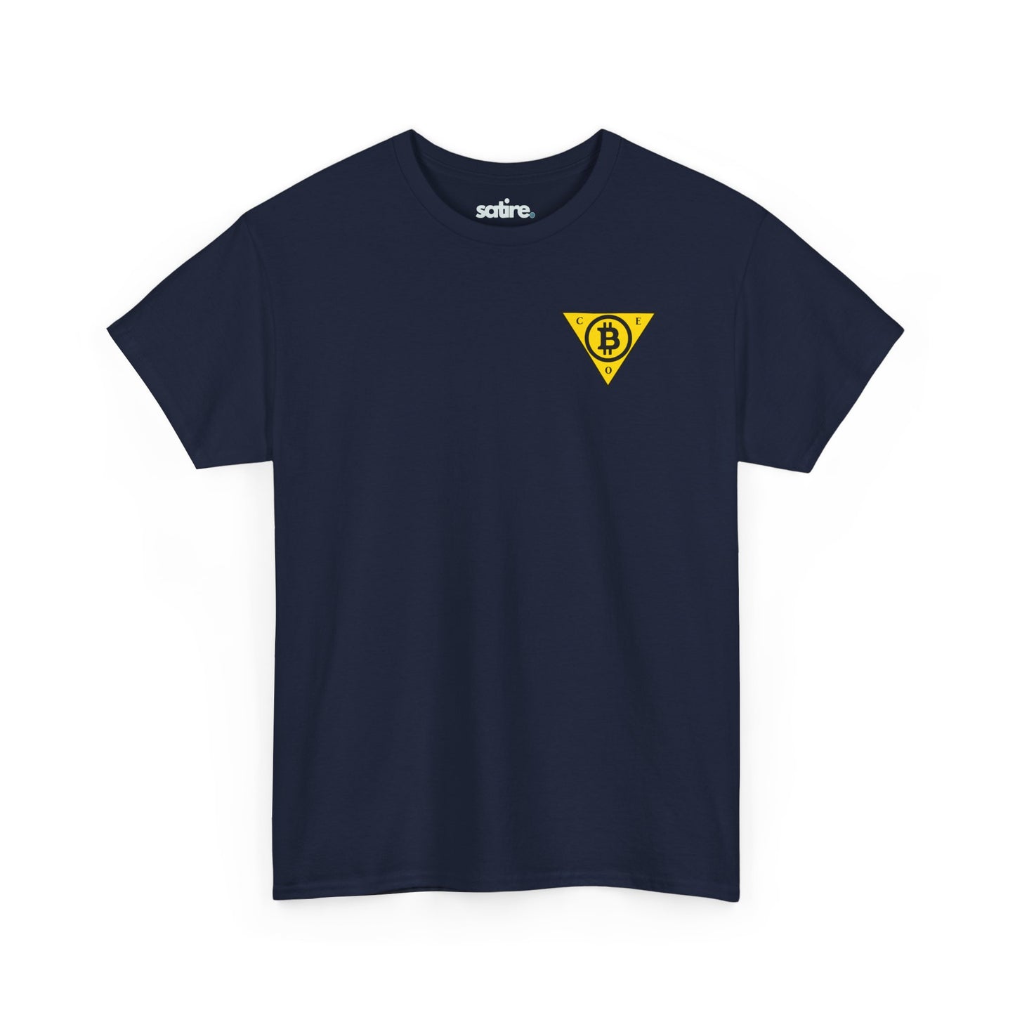 Navy blue t-shirt with a yellow triangle logo featuring the Bitcoin symbol in the center and the letters C, E, and O at each point of the triangle. | Satire Clothes