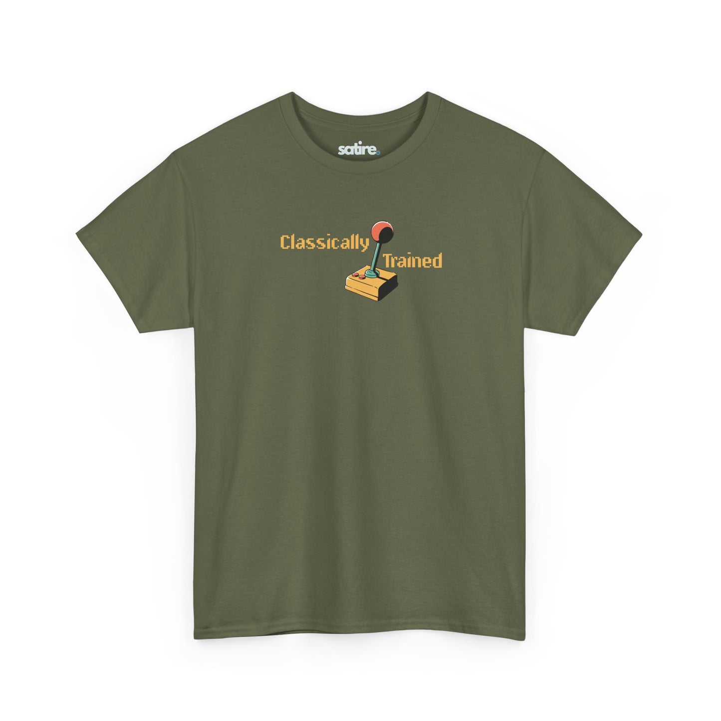 Military green 'Classically Trained' t-shirt with a retro 80s design featuring an old-school joystick graphic | Satire Clothes