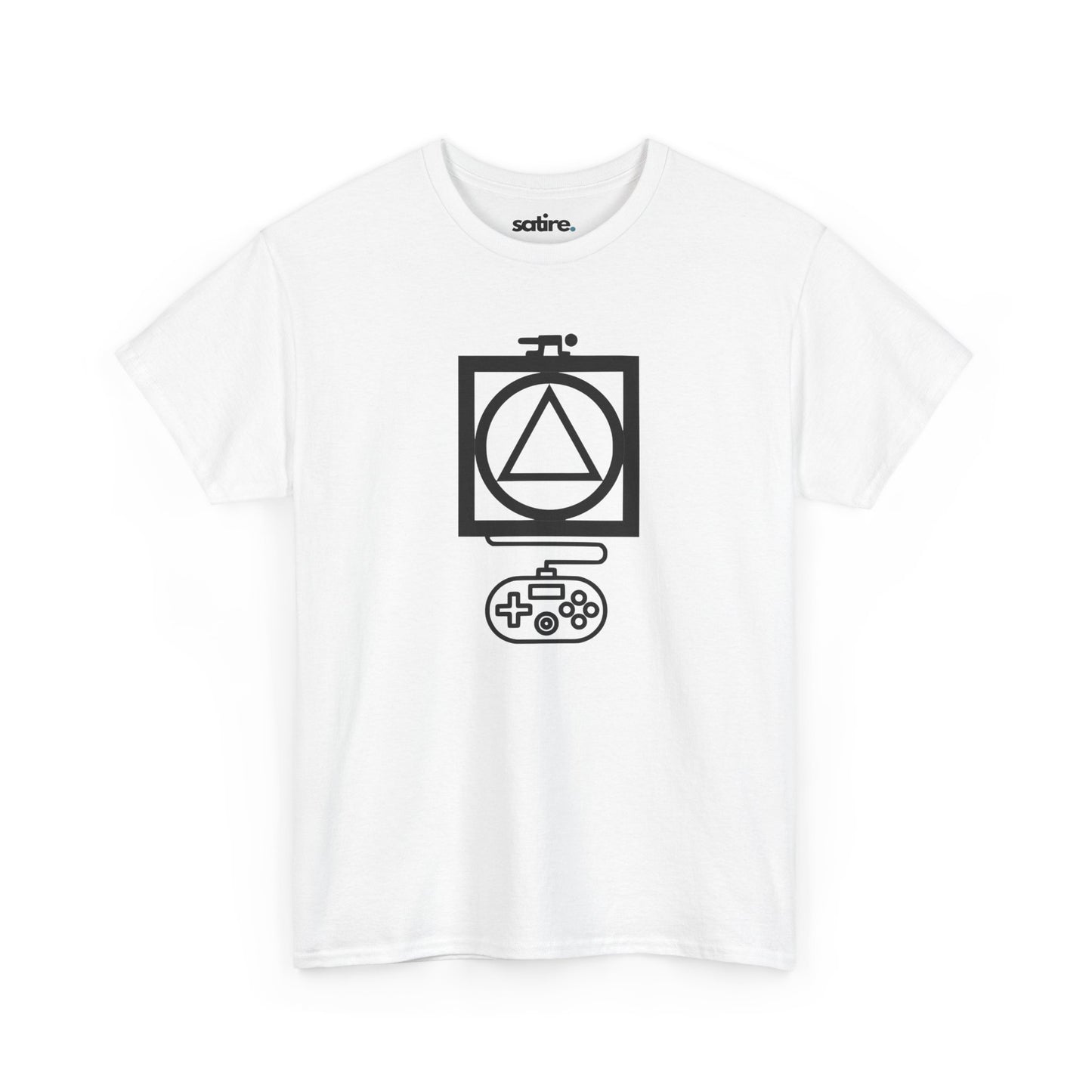 White t-shirt with a black graphic design featuring a triangle inside a circle, which is inside a square, with a game controller below. | Satire Clothes