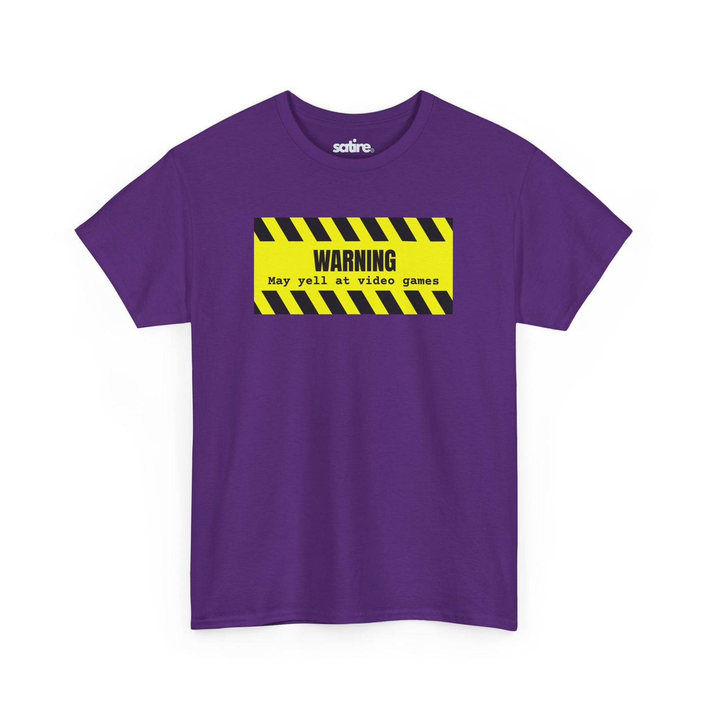 Purple t-shirt with a yellow and black striped warning sign graphic which says 'WARNING: May yell at video games' in bold black text | Satire Clothes