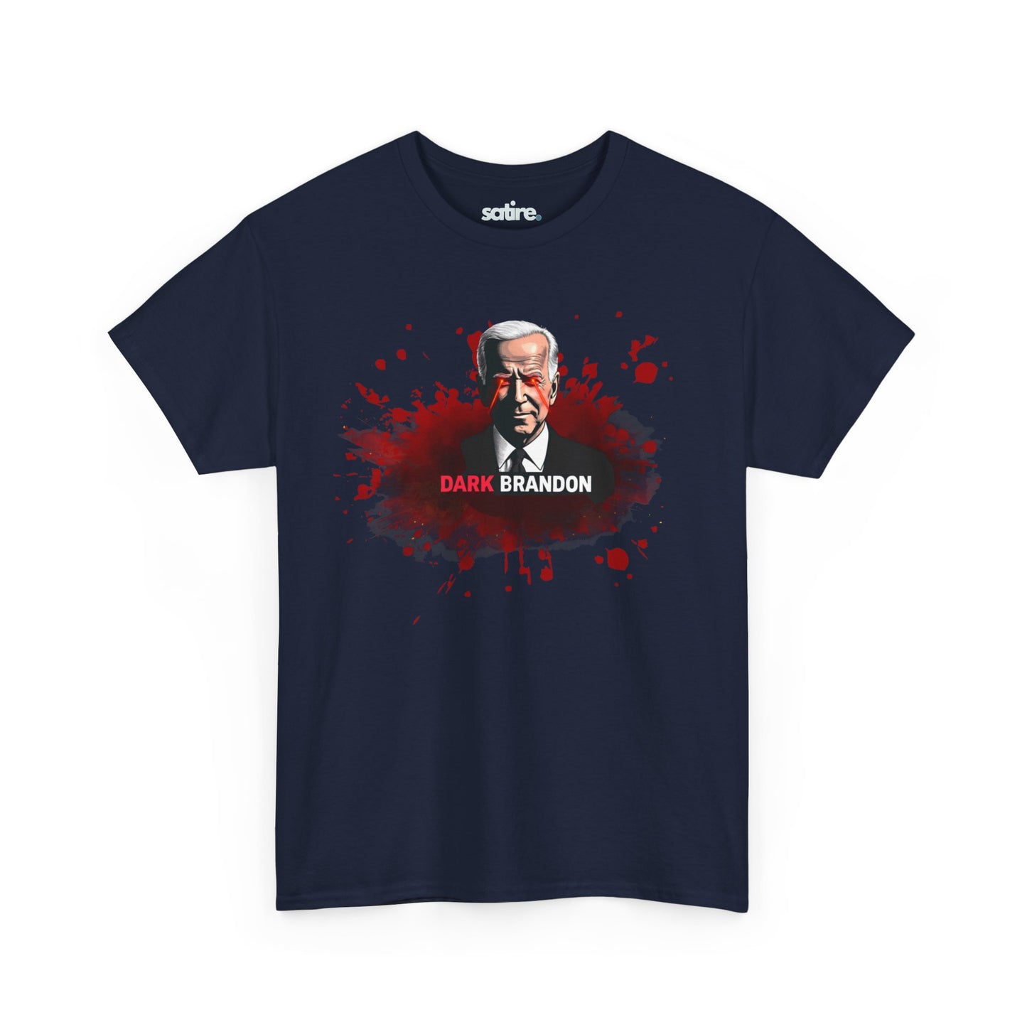 Navy blue t-shirt with a graphic of a man with white hair in a suit, surrounded by red splatter effects, and the text 'DARK BRANDON' in bold white and red letters below the image | Satire Clothes