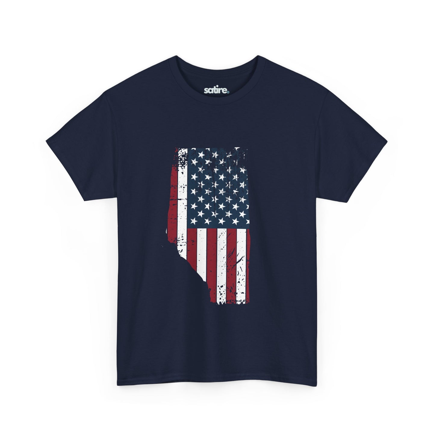 Navy blue T-shirt with a graphic of Alberta's silhouette filled with the design of the American flag | Satire Clothes