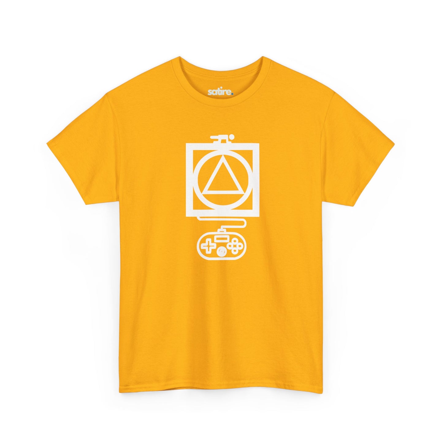 Yellow t-shirt with a white graphic design featuring a triangle inside a circle, which is inside a square, with a game controller below. | Satire Clothes