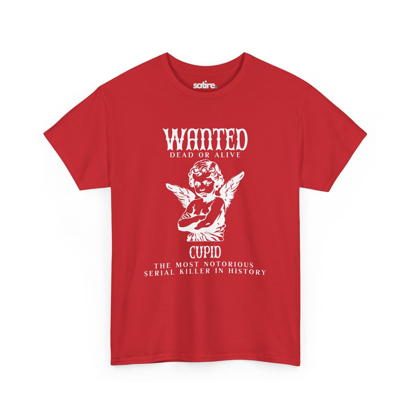 Red T-shirt featuring a satirical Wanted: Cupid design, depicting Cupid as the Most Notorious Serial Killer in History | Satire Clothes