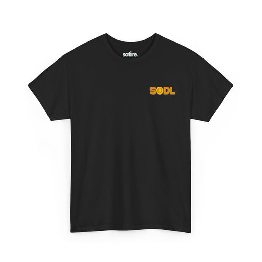 Black t-shirt with 'SODL' printed in bold, gradient yellow-orange letters on the left chest | Satire Clothes