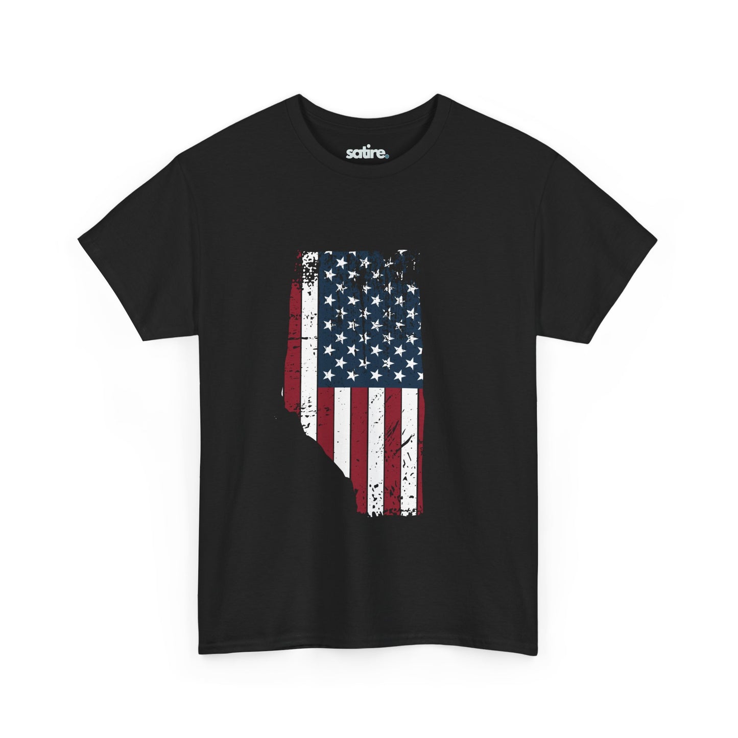 Black T-shirt with a graphic of Alberta's silhouette filled with the design of the American flag | Satire Clothes