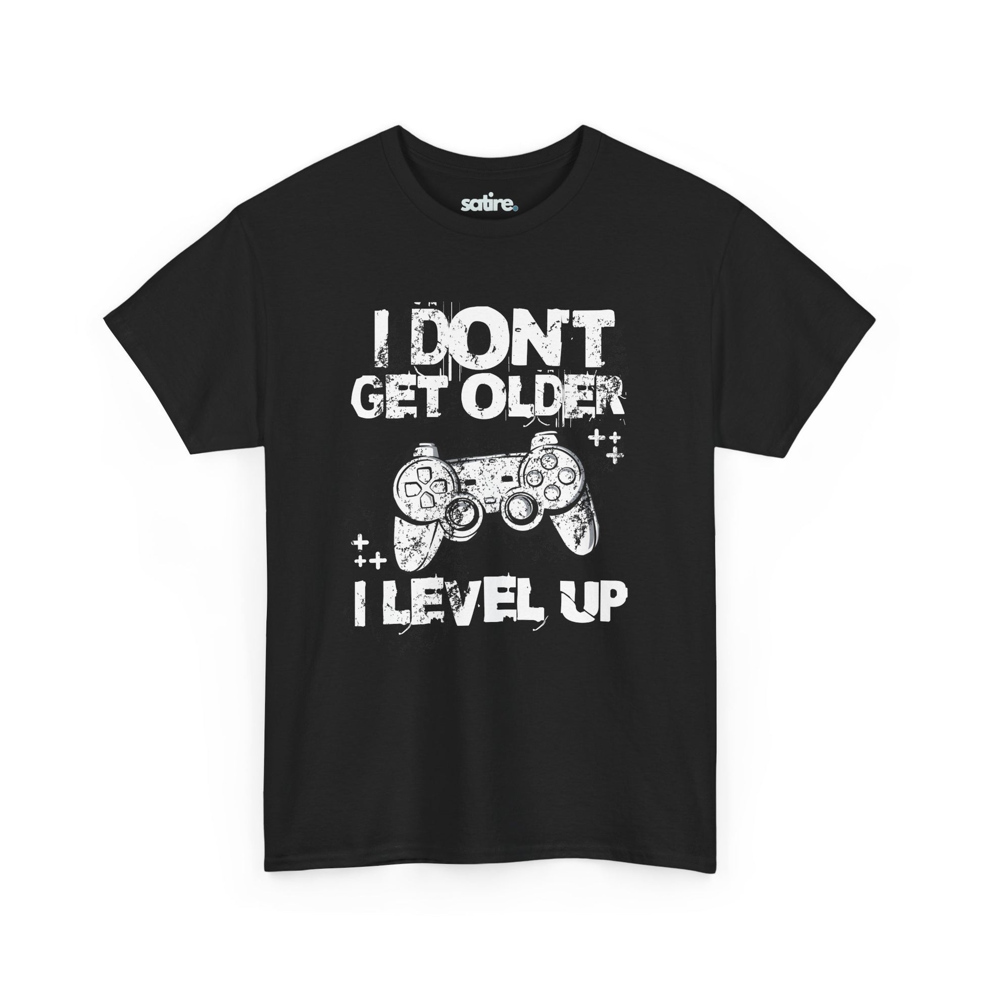 Black 'I Don't Get Older, I Level Up' T-Shirt with a graphic of a game controller and plus signs | Satire Clothes