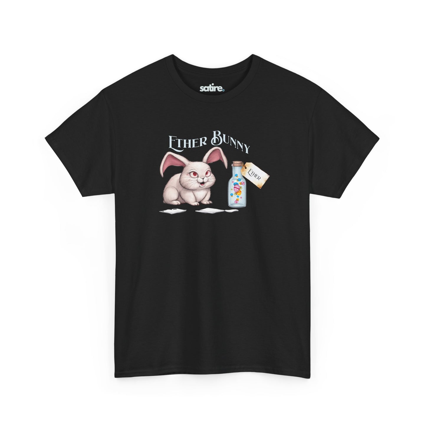 Black t-shirt with a graphic of a cartoon bunny labeled "Ether Bunny" sitting next to a bottle with a tag that reads "Ether." | Satire Clothes