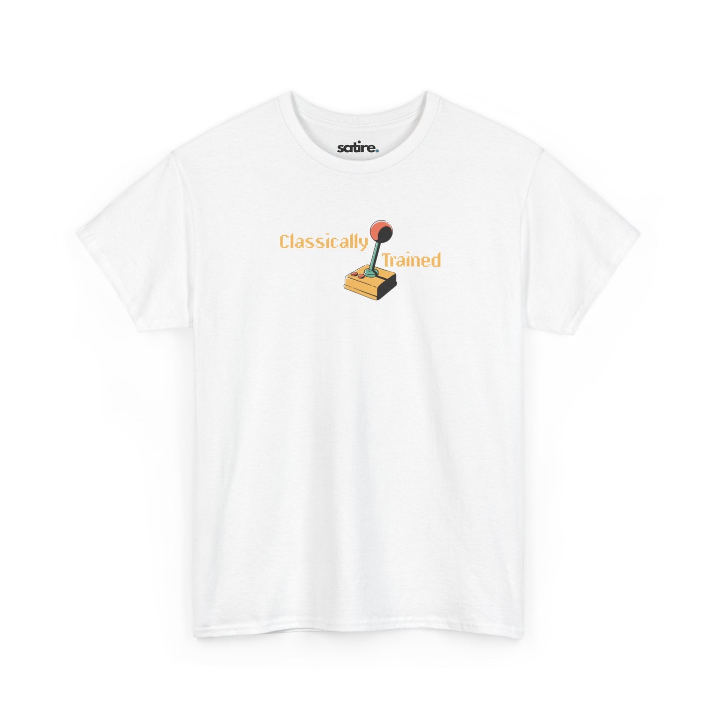 White 'Classically Trained' t-shirt with a retro 80s design featuring an old-school joystick graphic | Satire Clothes