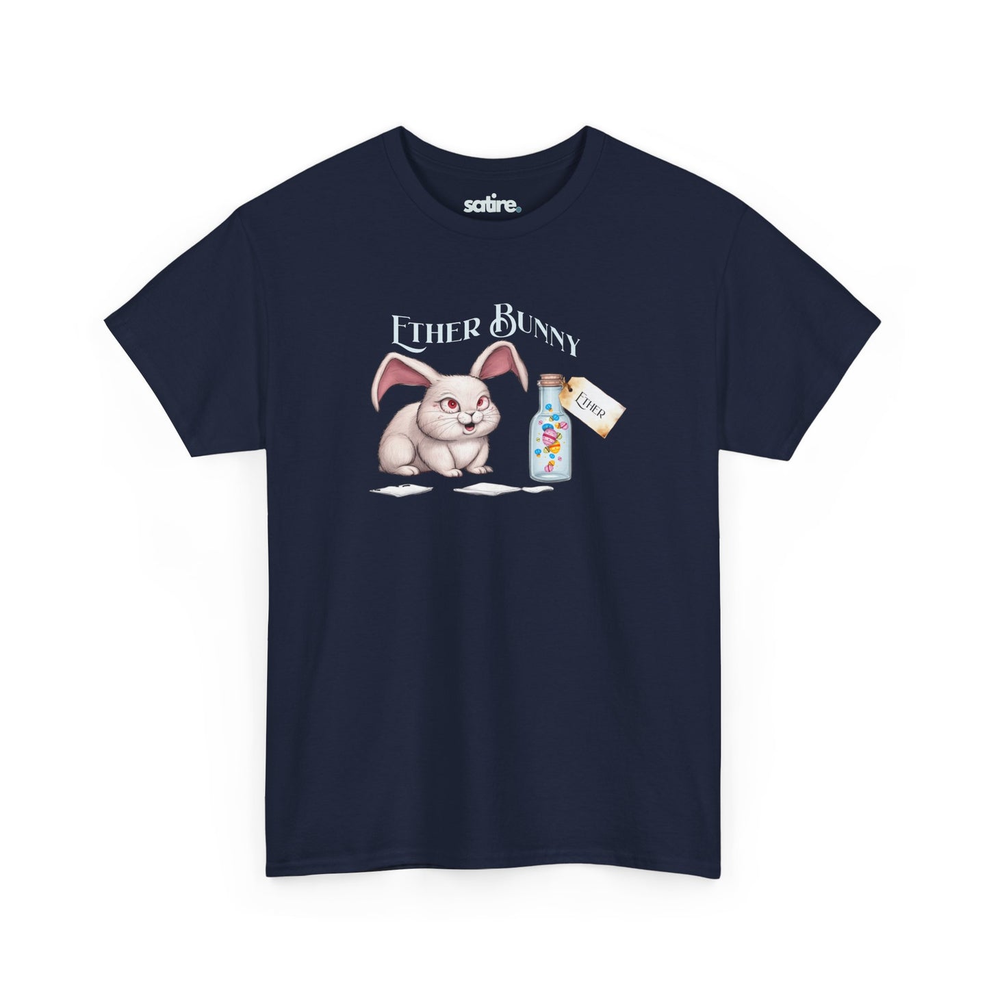 Navy blue t-shirt with a graphic of a cartoon bunny labeled "Ether Bunny" sitting next to a bottle with a tag that reads "Ether." | Satire Clothes