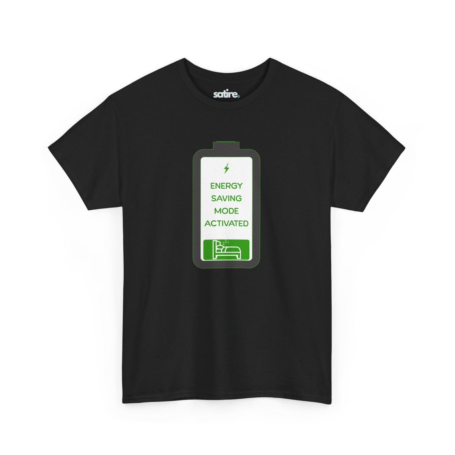 Black t-shirt with a graphic of a battery icon displaying 'Energy Saving Mode Activated' text and a sleeping person icon | Satire Clothes