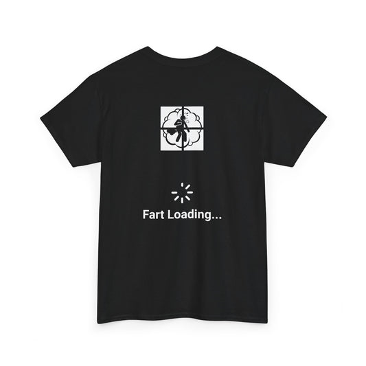 Black t-shirt with a humorous design featuring a silhouette of a person in a cloud of gas within a crosshair, followed by a loading symbol and the text 'Fart Loading...' | Satire Clothes