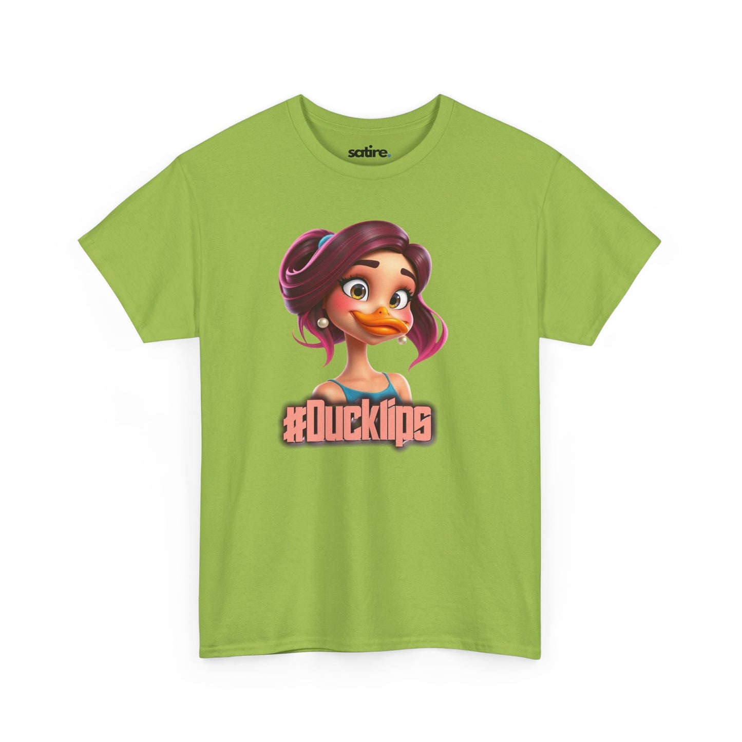 Green t-shirt featuring a colorful cartoon character with purple hair and a duck bill, wearing a blue top, with the text '#Ducklips' in bold letters below the image | Satire Clothes